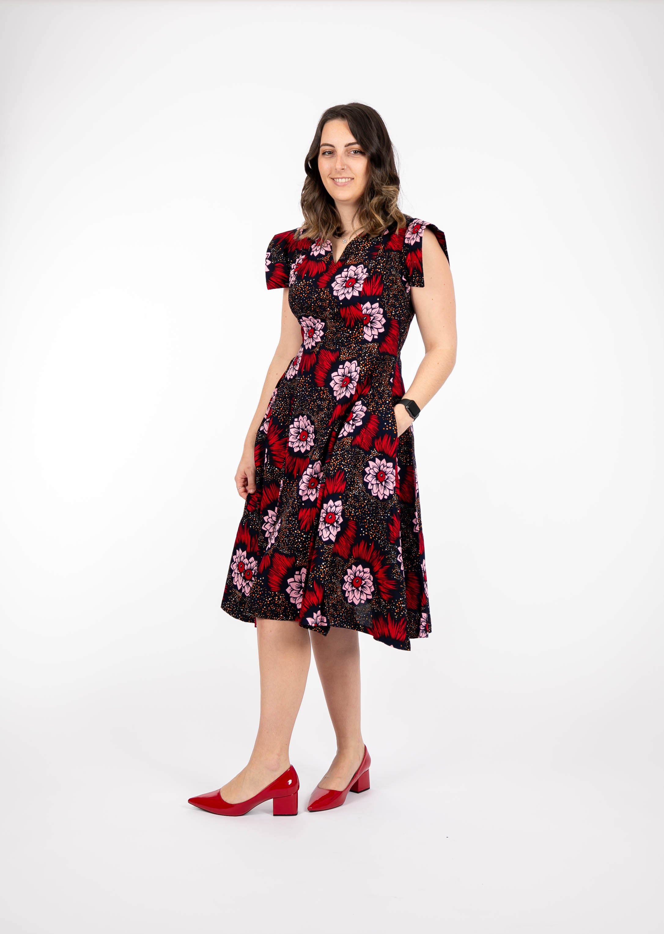 temad collections african print midi dress, modern african dress, stylish african dress, african print midi floral dress, african dress with pockets, african print red dress, african print pink dress, african print beautiful dress, african print midi