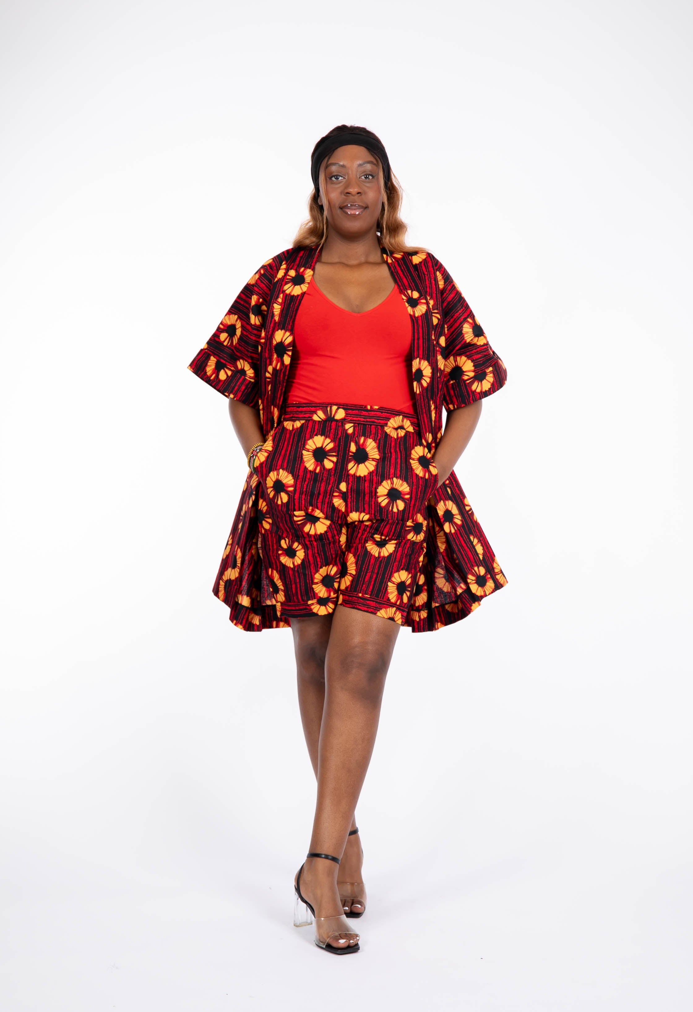 Temad collections African print ankara kimono set, African print kimono set, African print kimono jacket, ankara kimono, red ankara kimono jacket, African print short sleeve kimono, African print red kimono, African print stylish kimono jacket, beautiful african kimono, African print kimono with shorts