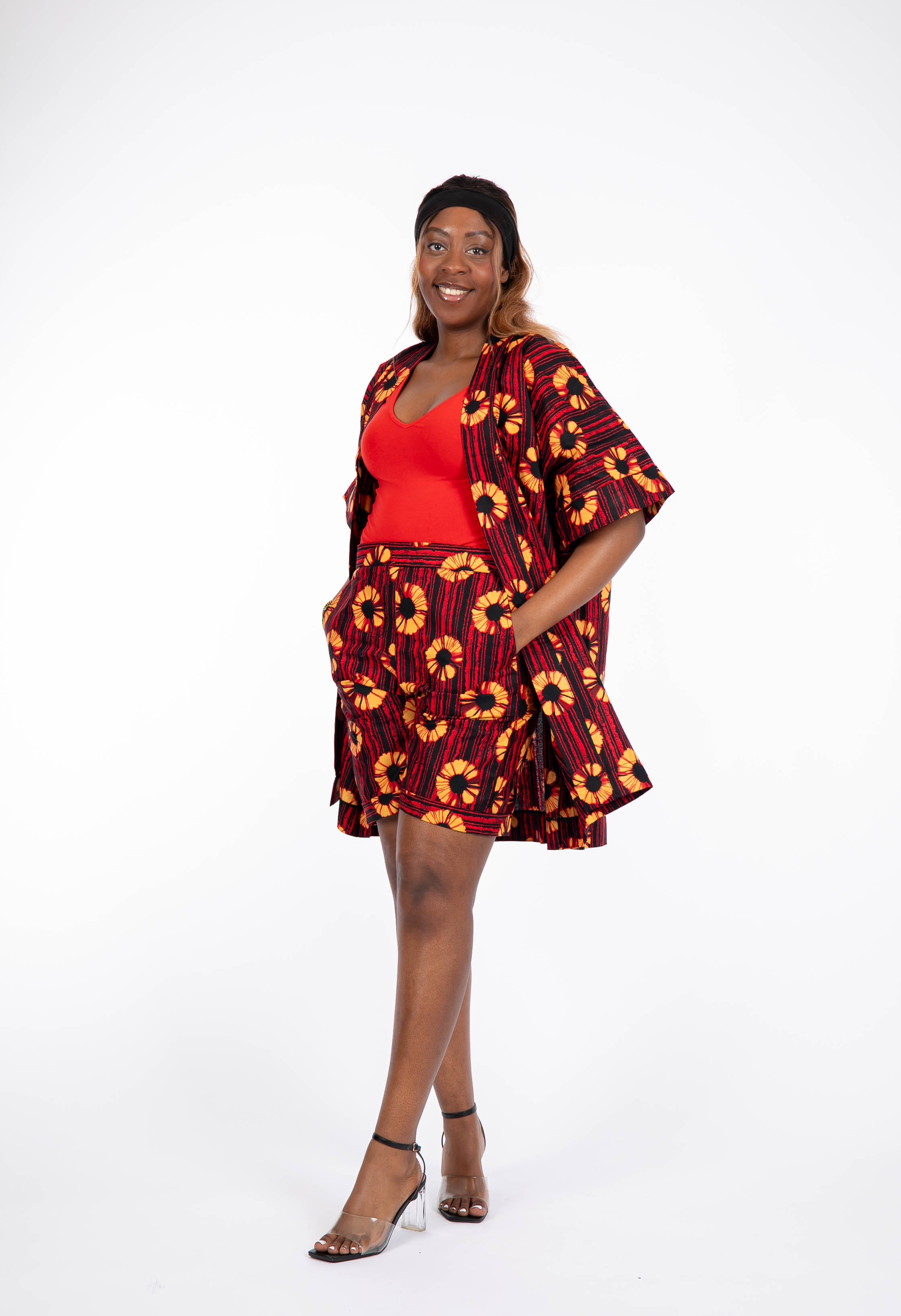 Temad collections African print ankara kimono set, African print kimono set, African print kimono jacket, ankara kimono, red ankara kimono jacket, African print short sleeve kimono, African print red kimono, African print stylish kimono jacket, beautiful african kimono, African print kimono with shorts, ankara shorts, African print shorts, African print red shorts, African print turnover shorts, African summer shorts