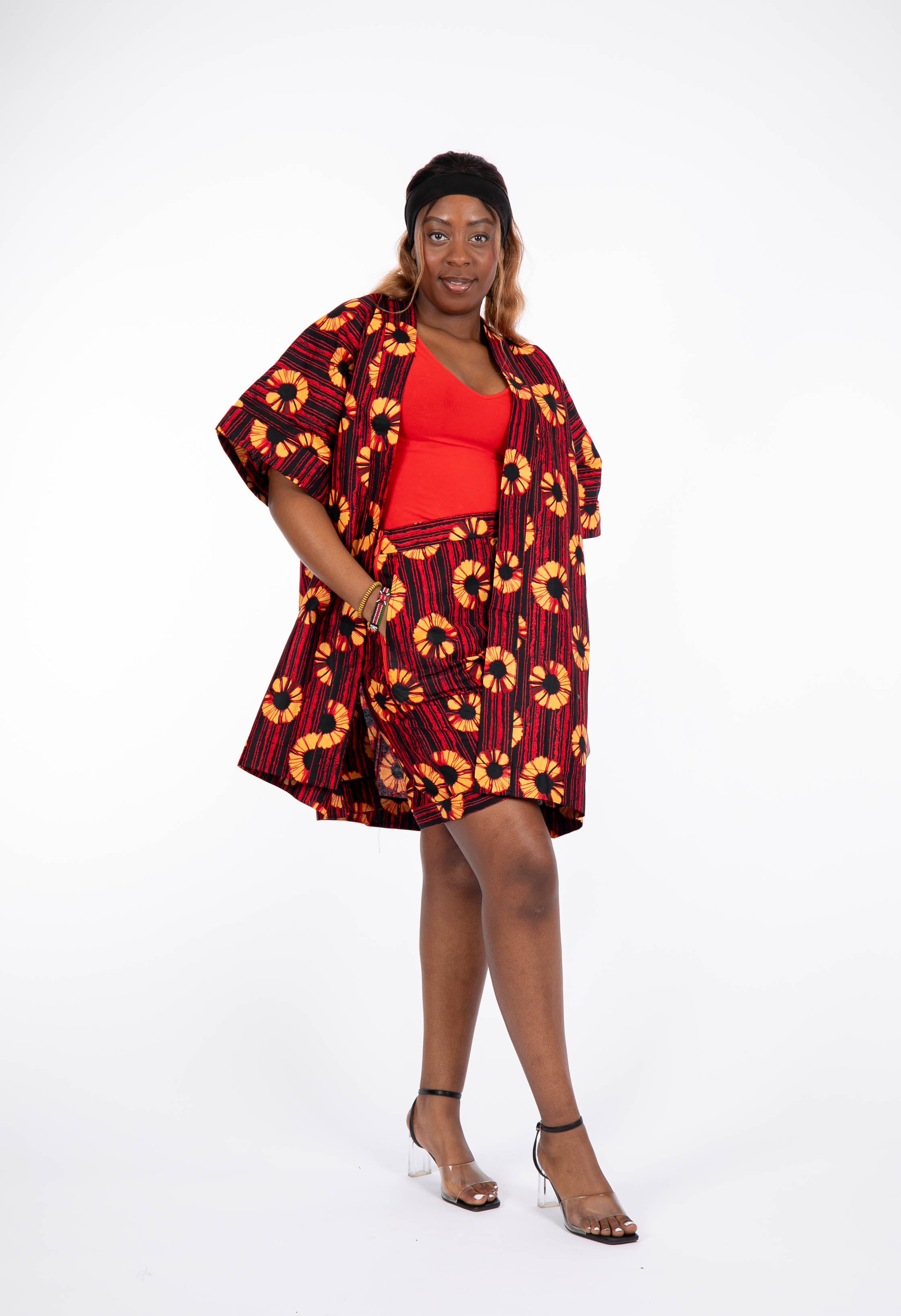 Temad collections African print ankara kimono set, African print kimono set, African print kimono jacket, ankara kimono, red ankara kimono jacket, African print short sleeve kimono, African print red kimono, African print stylish kimono jacket, beautiful african kimono, African print kimono with shorts, ankara shorts, African print shorts, African print red shorts, African print turnover shorts, African summer shorts