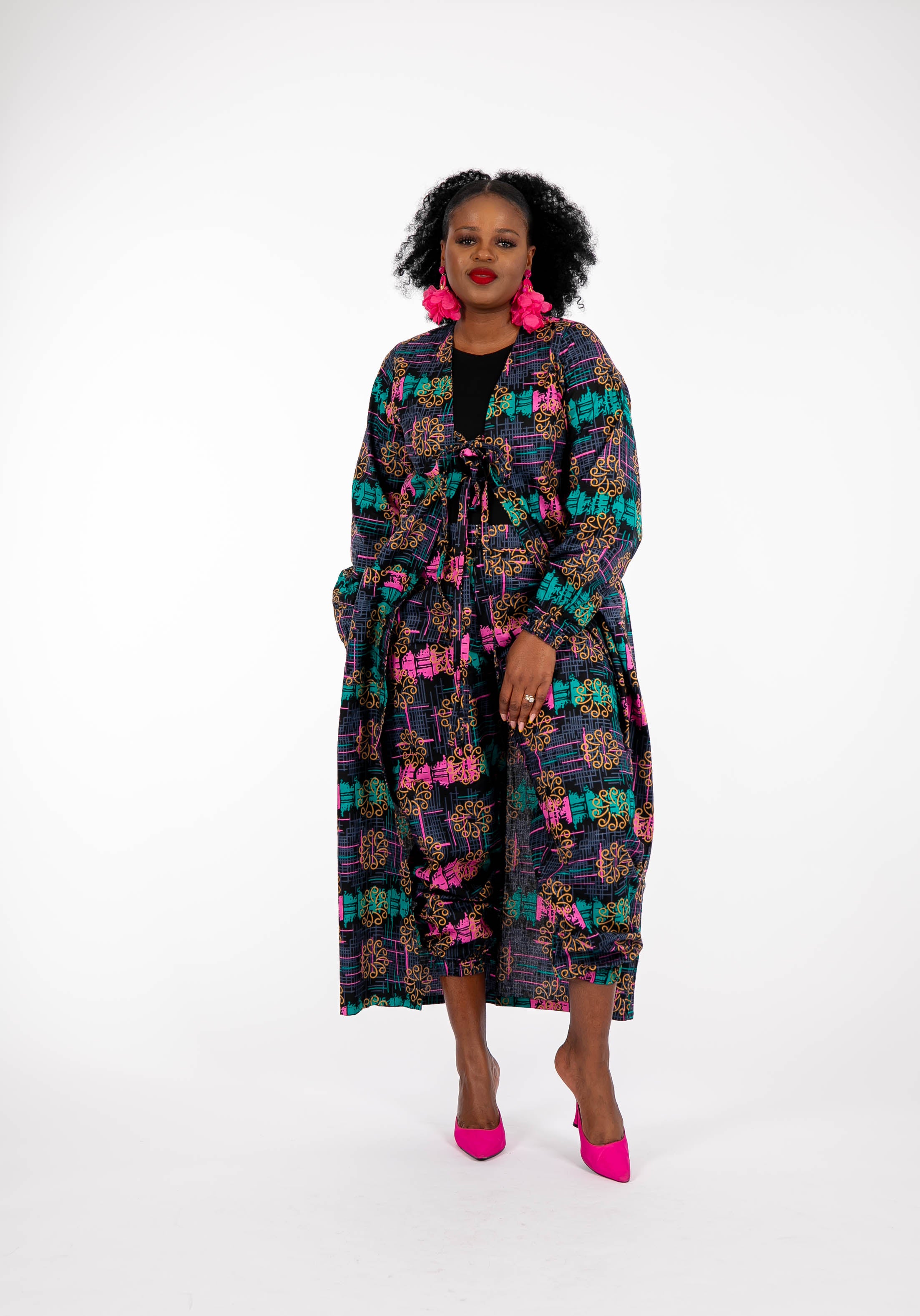 Temad collections Nena african print ankara kimono joggers, Stylish African print bottoms and tops, African print Ankara fabric, African trousers, African joggers , African pants , African print casual loungewear , African trousers for ladies, African track trousers, Ankara jogging bottoms, Ankara trousers, Ankara pants, latest Ankara joggers, african joggers and kimono, stylish african trousers, long kimono, african print long sleeve kimono