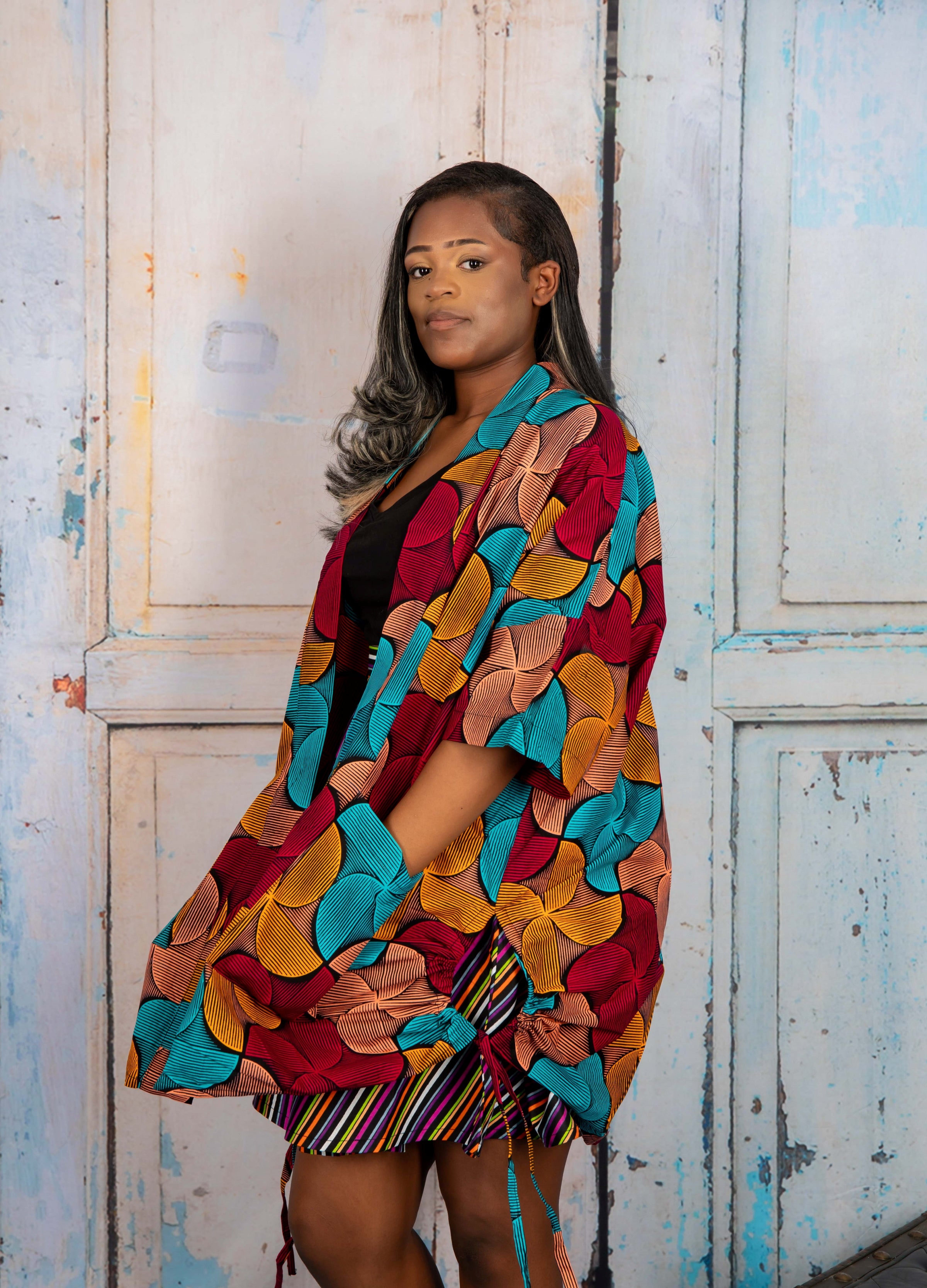Temad collections African print ankara kimono set, African print kimono set, African print kimono jacket, ankara kimono, blue ankara kimono jacket, African print short sleeve kimono, African print blue kimono, African print stylish kimono jacket, beautiful african kimono, African print kimono with shorts