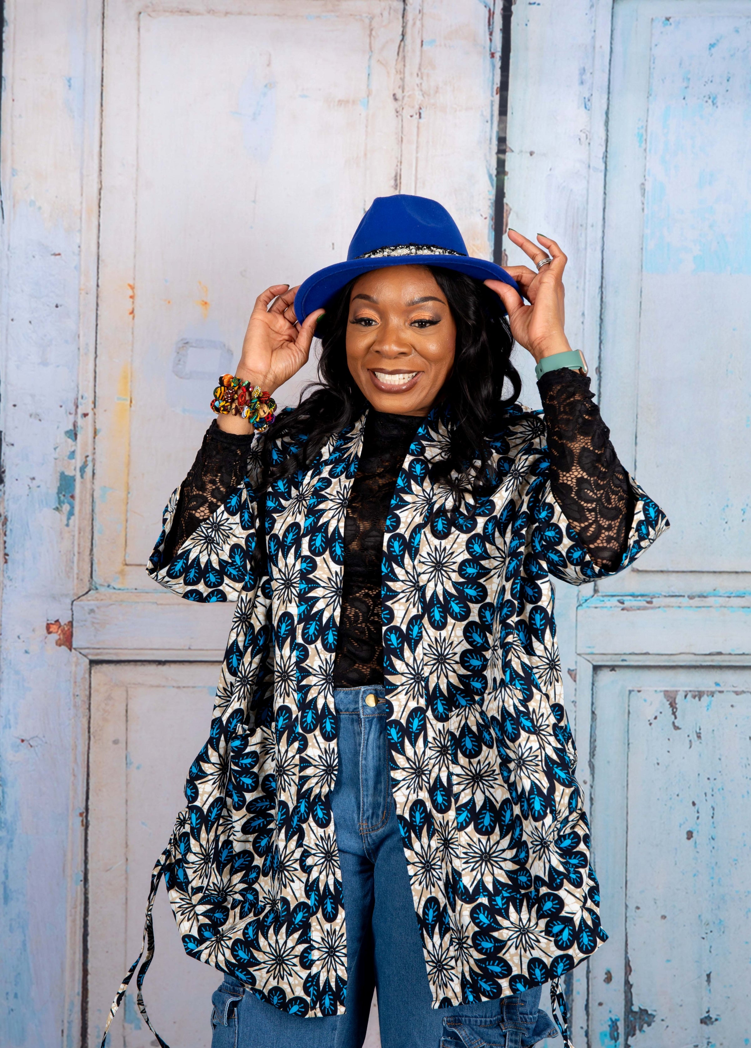 Temad collections African print ankara kimono set, African print kimono set, African print kimono jacket, ankara kimono, blue ankara kimono jacket, African print short sleeve kimono, African print blue kimono, African print stylish kimono jacket, beautiful african kimono, African print kimono with shorts