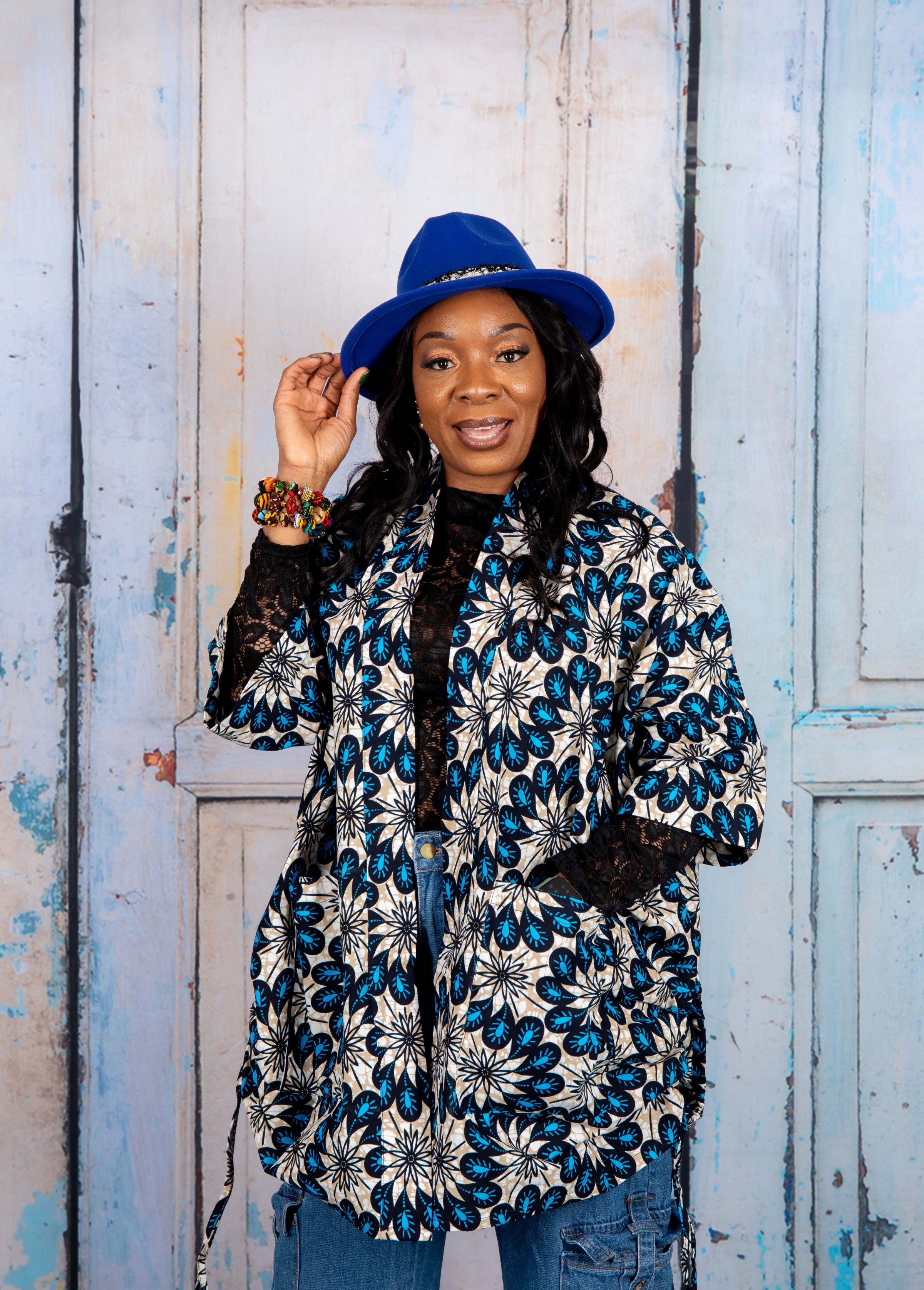 Temad collections African print ankara kimono set, African print kimono set, African print kimono jacket, ankara kimono, blue ankara kimono jacket, African print short sleeve kimono, African print blue kimono, African print stylish kimono jacket, beautiful african kimono, African print kimono with shorts