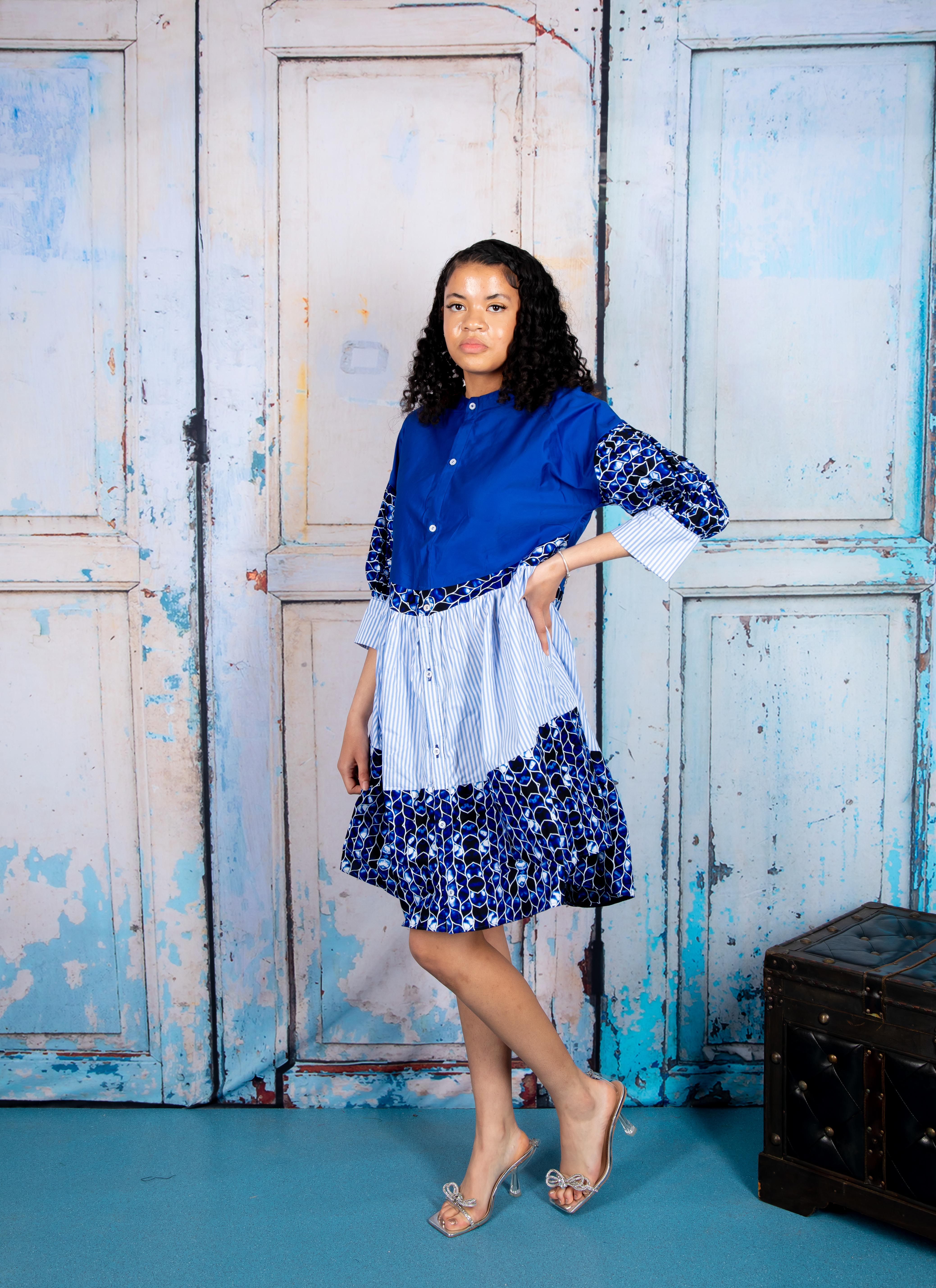 african print dress, african print ankara dress, african print loose fitting dress, african print shirt dress, african print buttoned dress, blue african print dress, blue african print knee length dress, blue shit dress, temad collections dress, ankara knee length dress, ankara free dress, blue ankara dress, blue ankara shirt dress