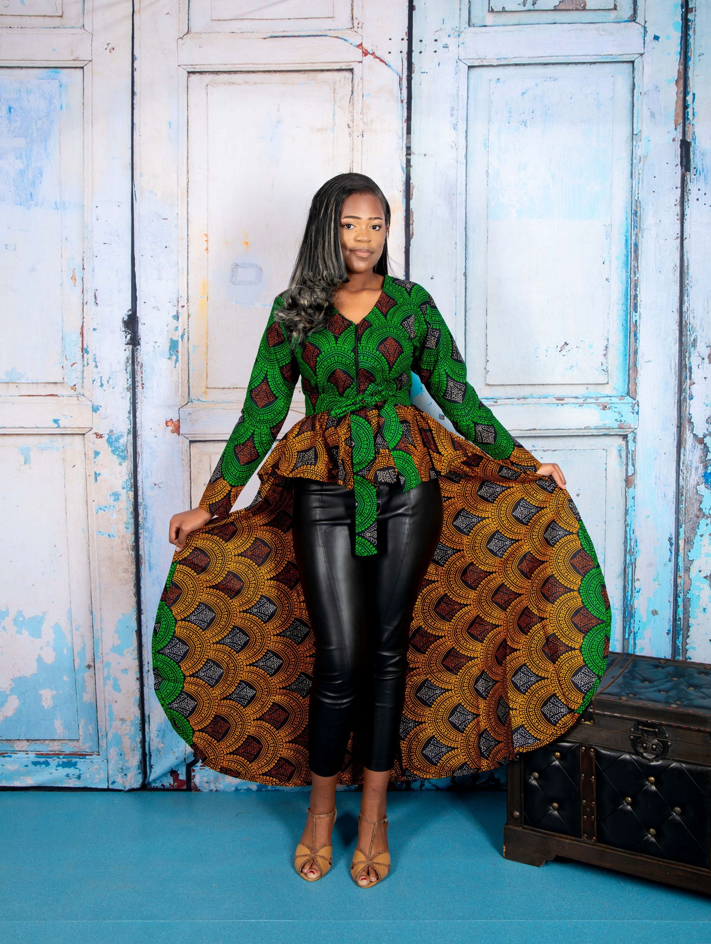 temad collections rolls dress top, african print top, african print blouse, african print peplum blouse, african print peplum blouse, ankara peplum top, ankara peplum top, green african print top, green front zipper blouse, african print front zip blouse, green front zip top, unique african print blouse, modern african print blouse, hi lo african print blouse, long sleeve african print blouse, ankara long sleeve top, african print top uk