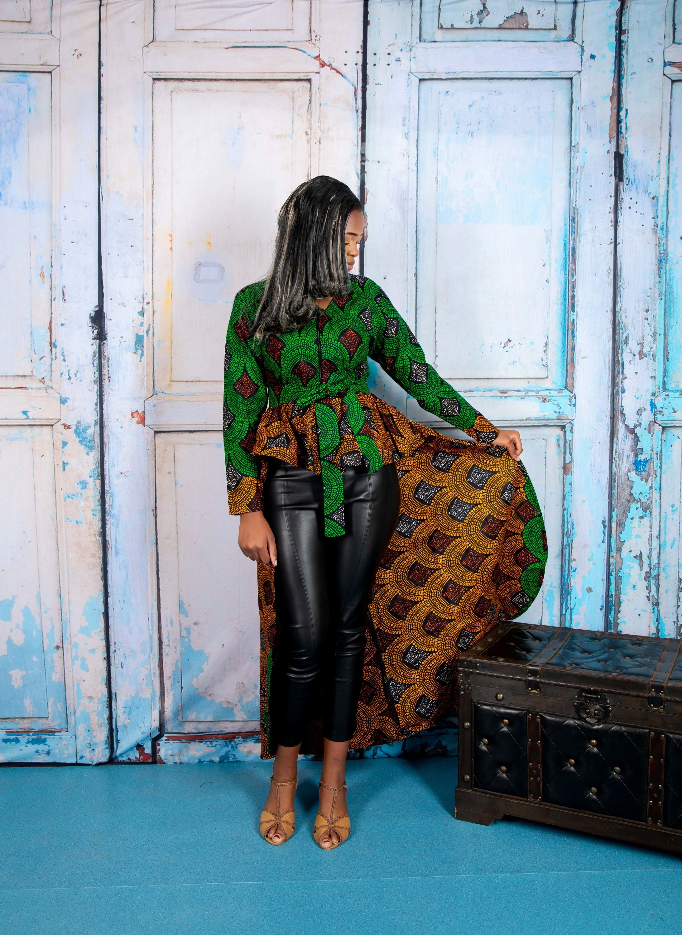 temad collections rolls dress top, african print top, african print blouse, african print peplum blouse, african print peplum blouse, ankara peplum top, ankara peplum top, green african print top, green front zipper blouse, african print front zip blouse, green front zip top, unique african print blouse, modern african print blouse, hi lo african print blouse, long sleeve african print blouse, ankara long sleeve top, african print top uk