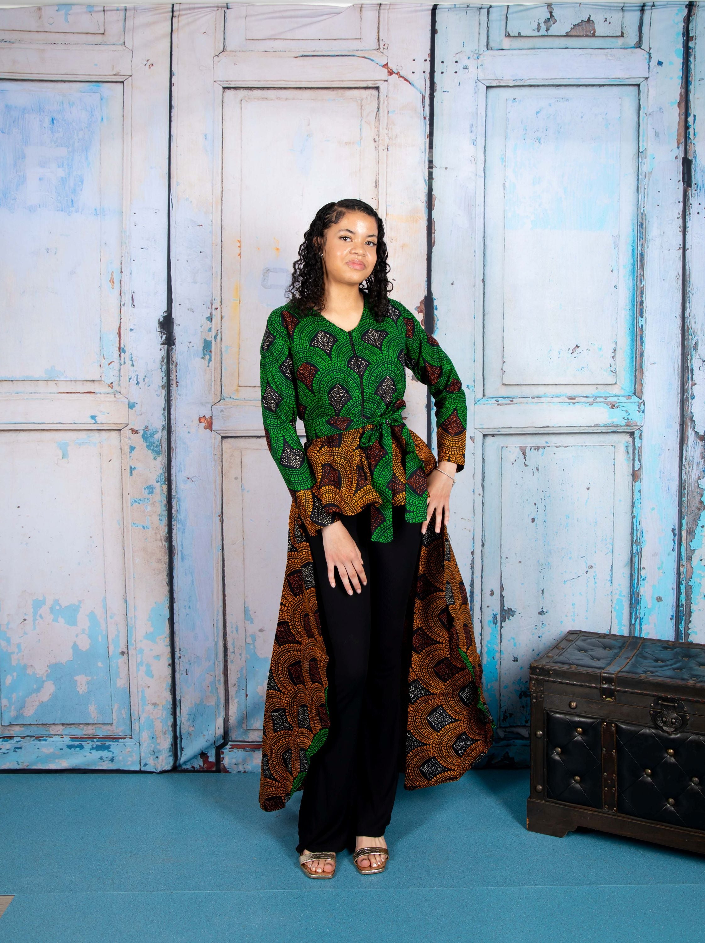 temad collections rolls dress top, african print top, african print blouse, african print peplum blouse, african print peplum blouse, ankara peplum top, ankara peplum top, green african print top, green front zipper blouse, african print front zip blouse, green front zip top, unique african print blouse, modern african print blouse, hi lo african print blouse, long sleeve african print blouse, ankara long sleeve top, african print top uk