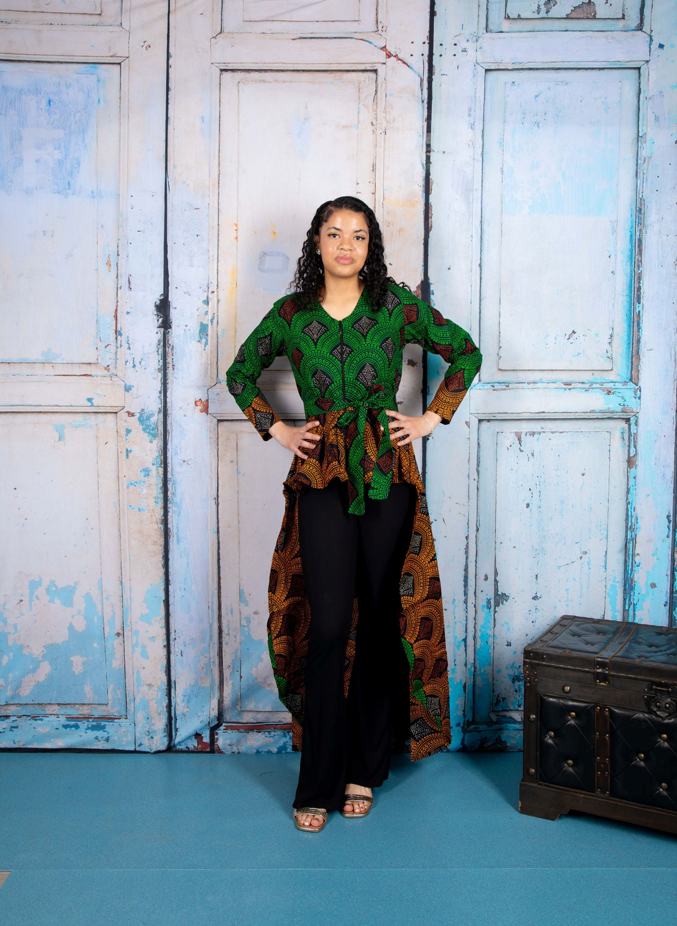 temad collections rolls dress top, african print top, african print blouse, african print peplum blouse, african print peplum blouse, ankara peplum top, ankara peplum top, green african print top, green front zipper blouse, african print front zip blouse, green front zip top, unique african print blouse, modern african print blouse, hi lo african print blouse, long sleeve african print blouse, ankara long sleeve top, african print top uk
