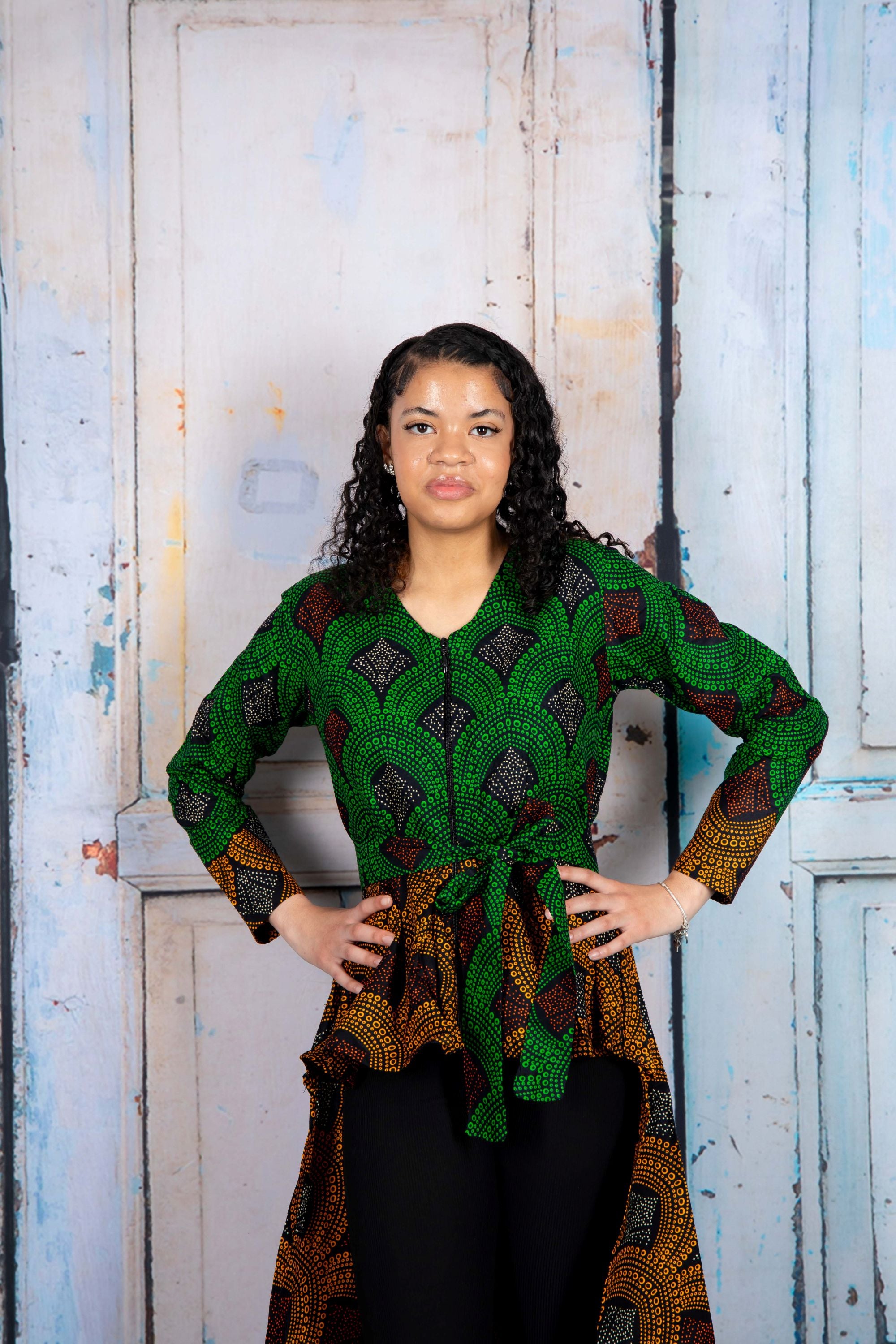 temad collections rolls dress top, african print top, african print blouse, african print peplum blouse, african print peplum blouse, ankara peplum top, ankara peplum top, green african print top, green front zipper blouse, african print front zip blouse, green front zip top, unique african print blouse, modern african print blouse, hi lo african print blouse, long sleeve african print blouse, ankara long sleeve top, african print top uk