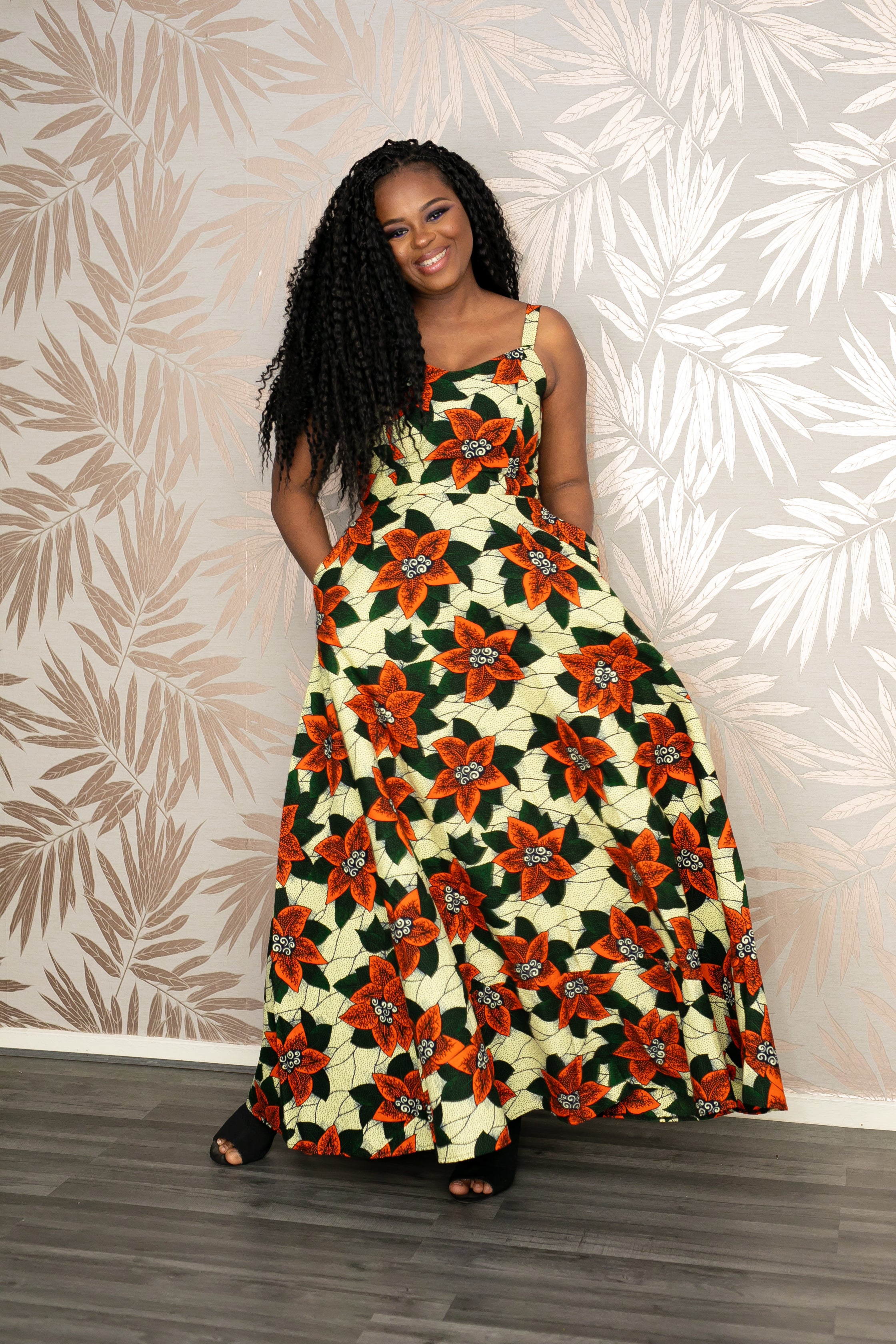 african print ankara maxi dress shop temad collections spaghetti straps flowy dress