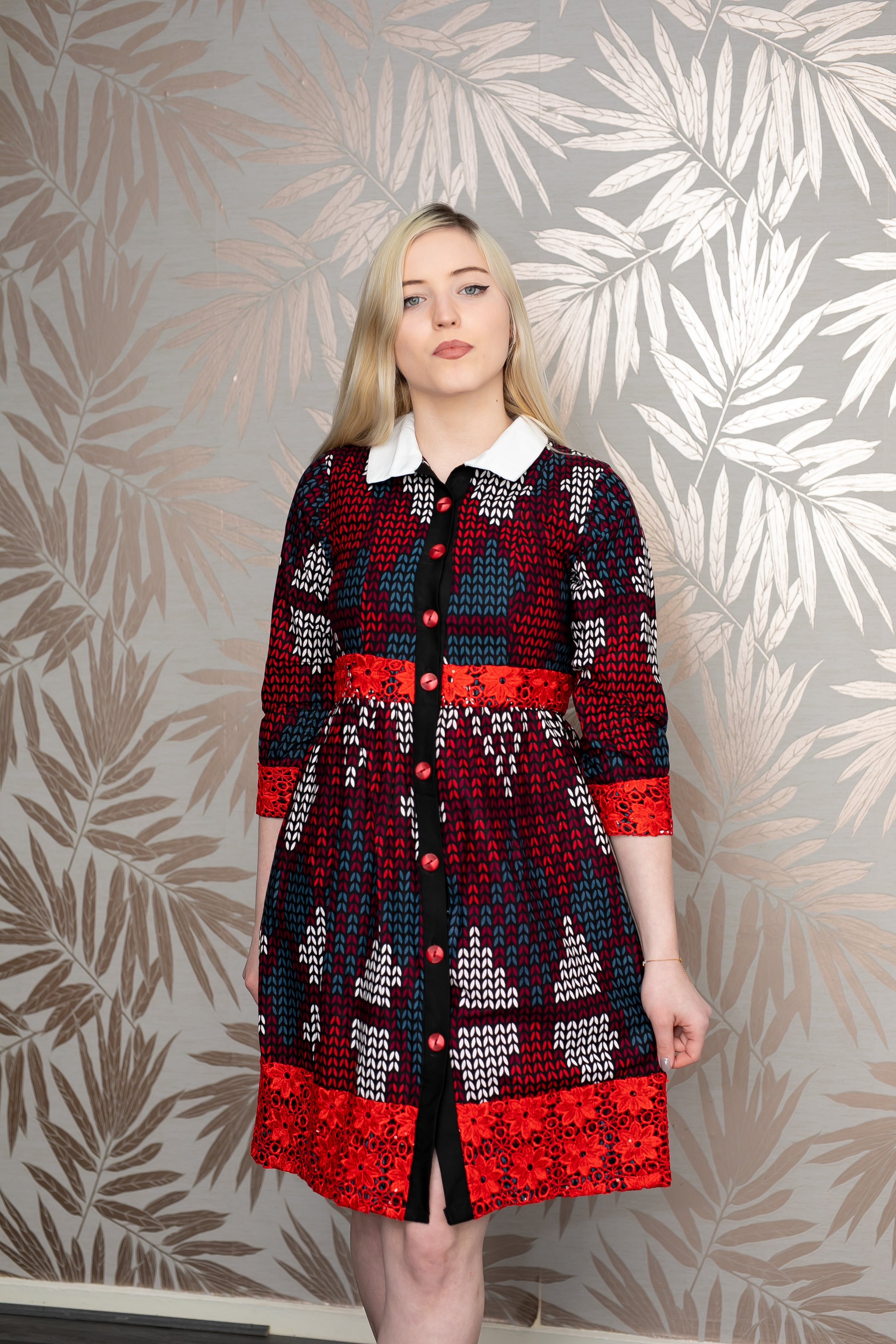 temad african print ankara shirt dress with white collar and lace embellishment
