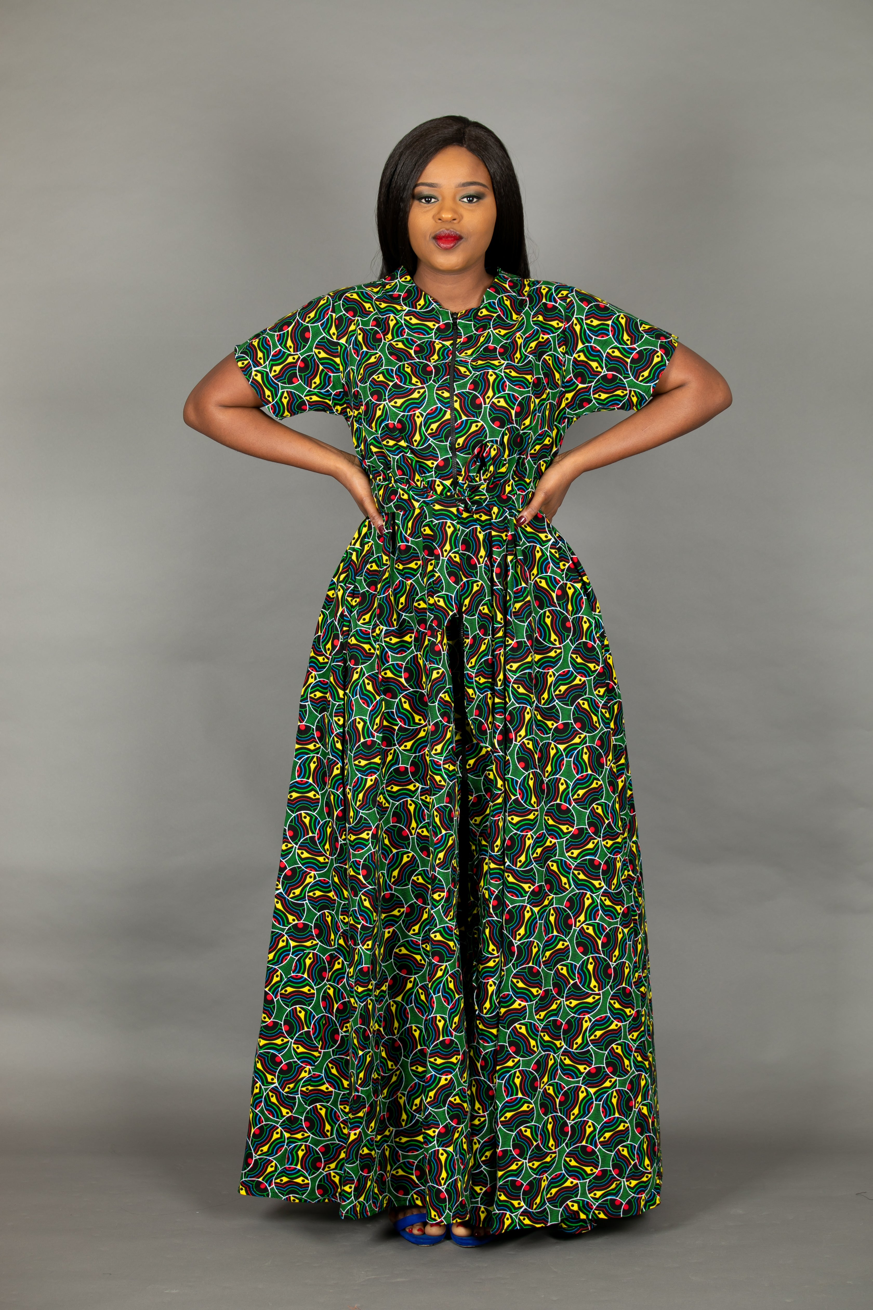 temad collections liquorice maxi front zipper belted african print ankara maxi dress