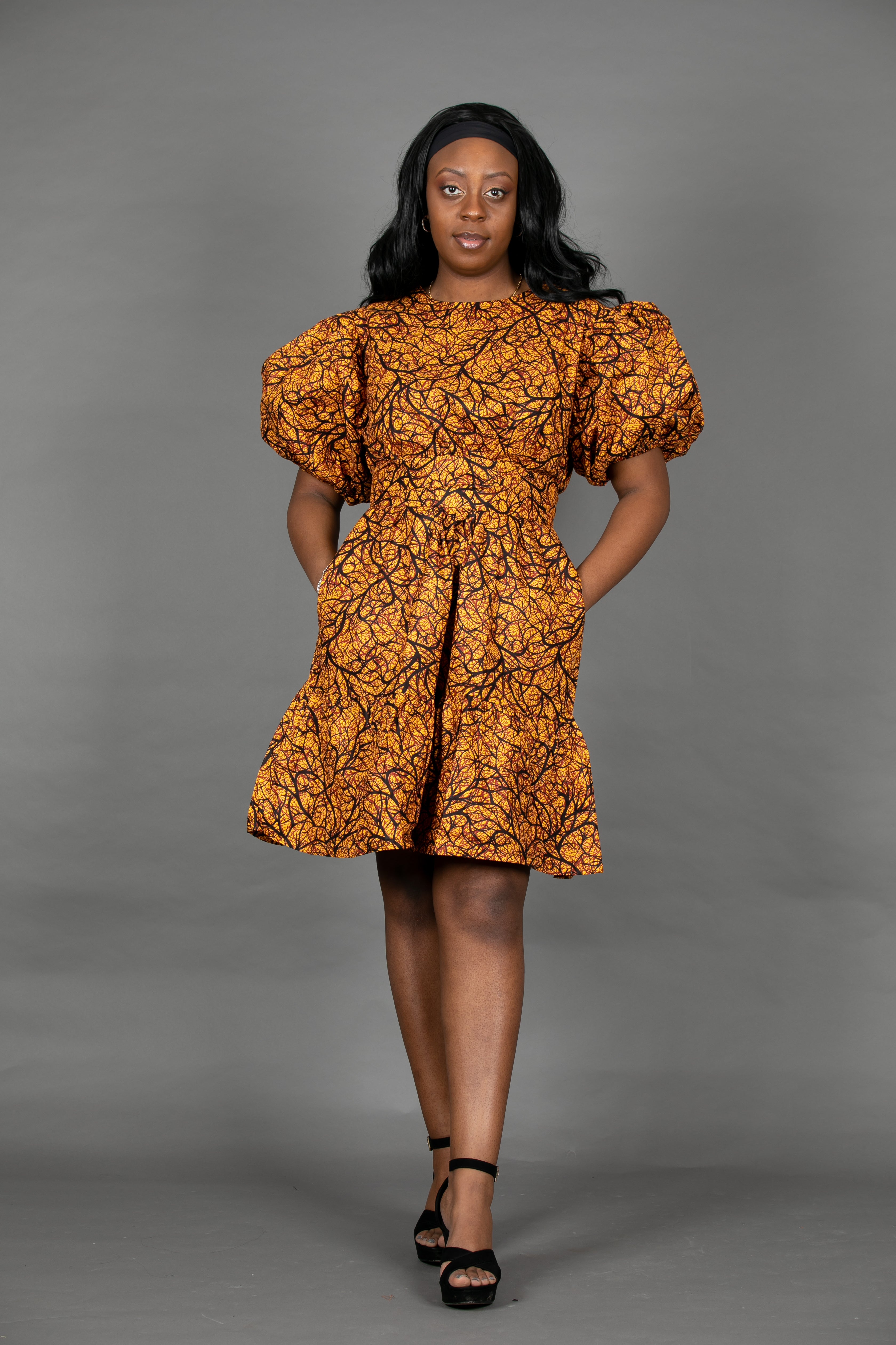 Temad collections Ankara african print ruffle mini dress puff sleeves orange