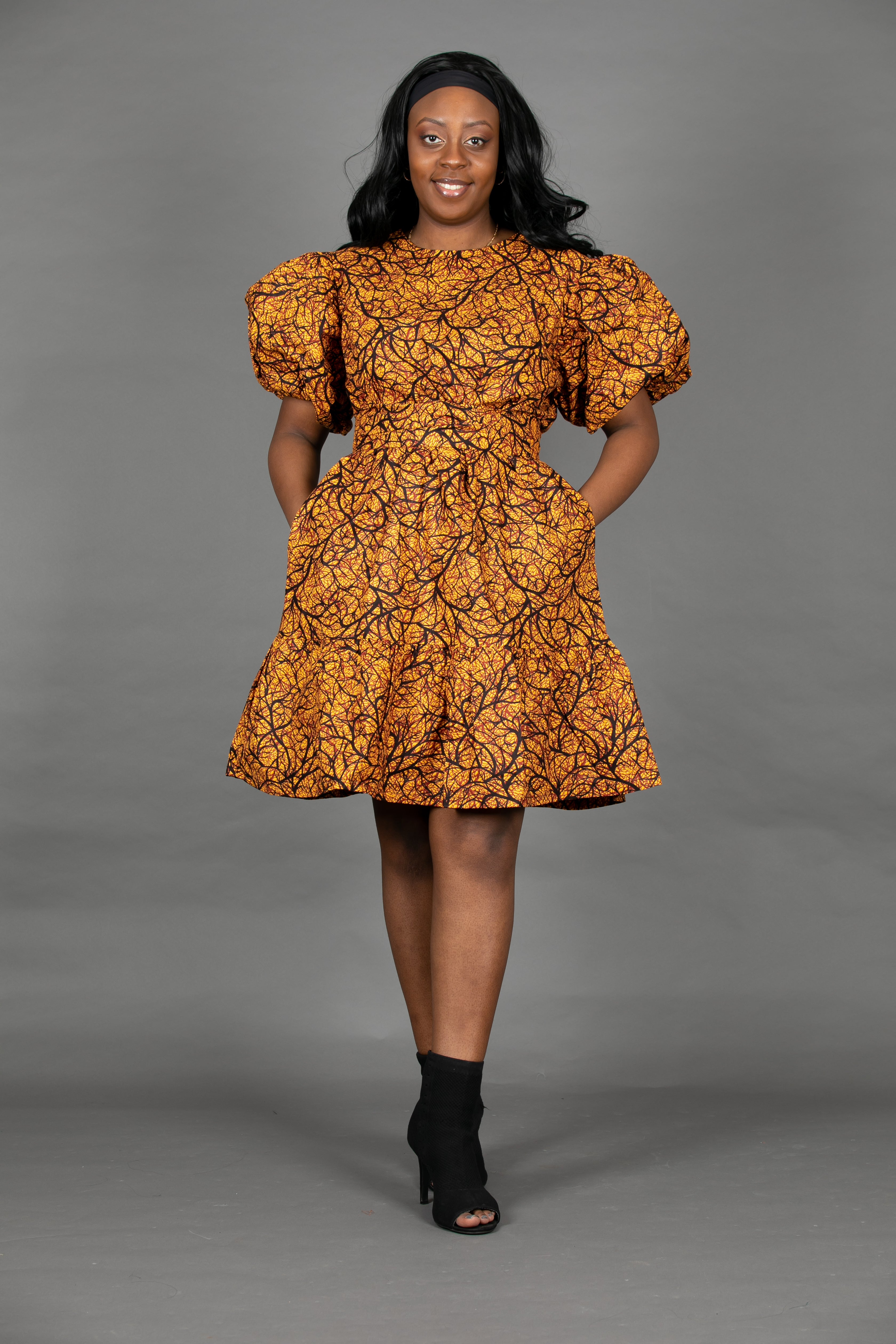 Temad collections Ankara african print ruffle mini dress puff sleeves orange