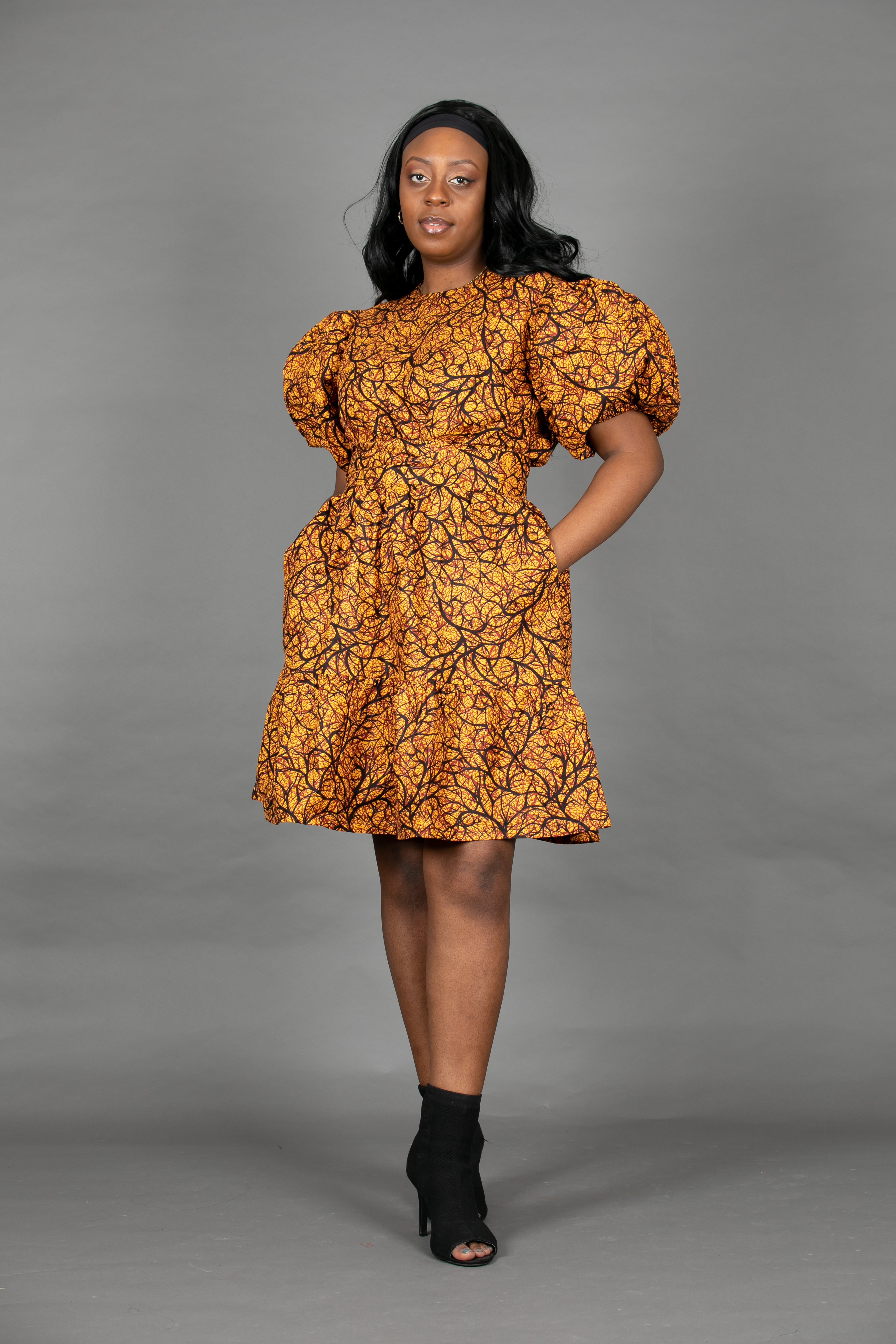 Temad collections Ankara african print ruffle mini dress puff sleeves orange
