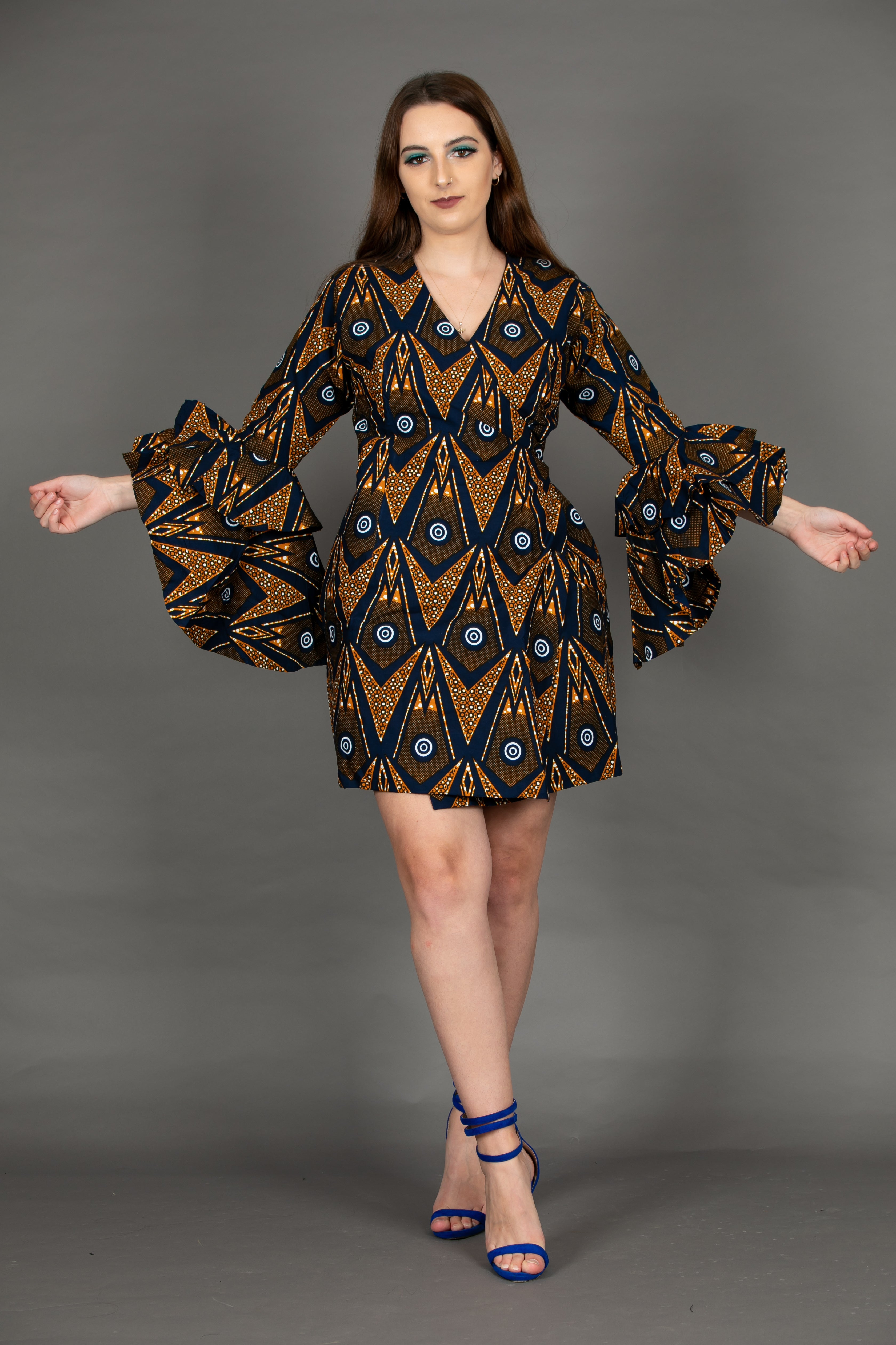 temad collections franci african print ankara  wrap dress jacket blue exaggerated sleeves