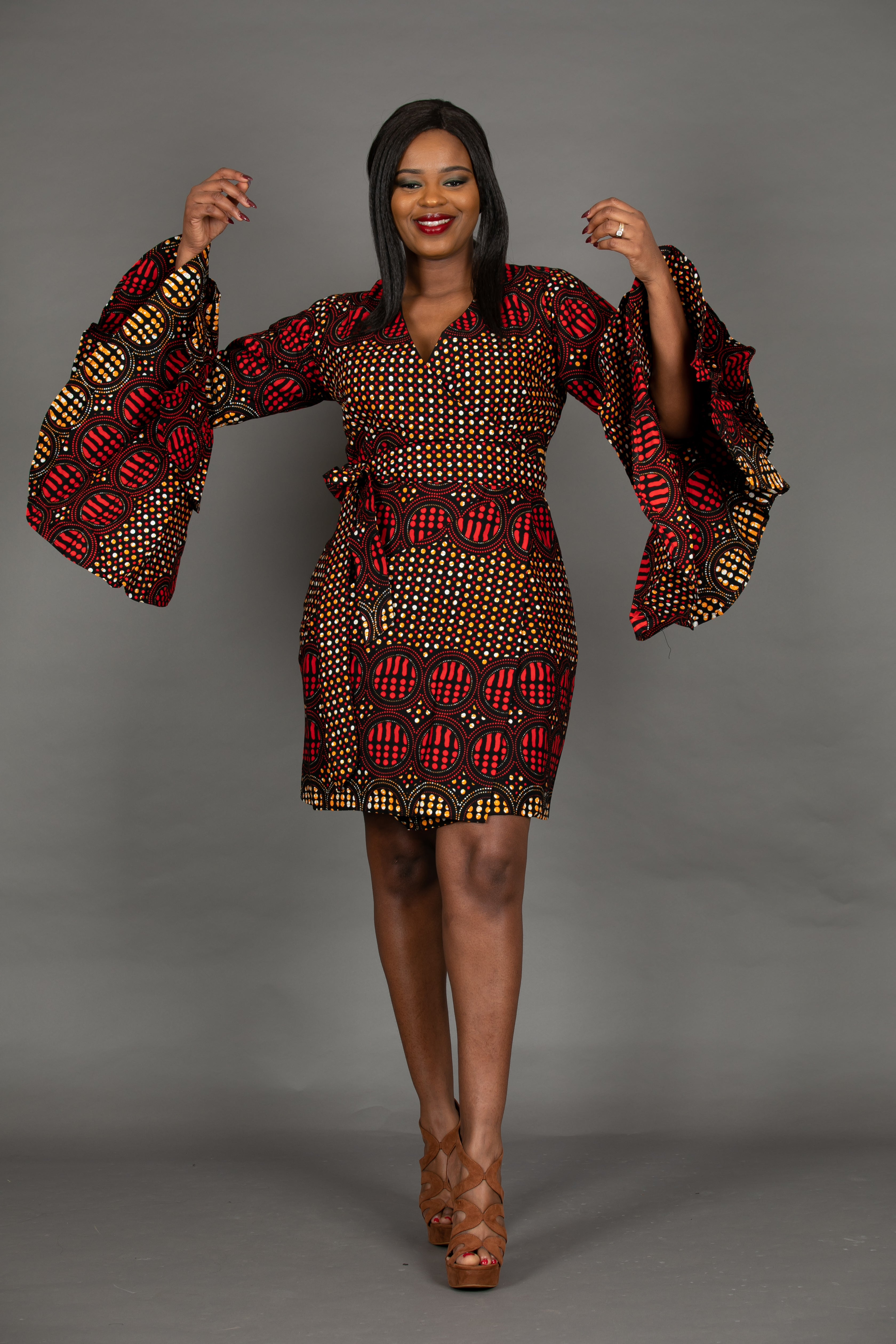 temad collections franci african print ankara  wrap dress jacket red exaggerated sleeves