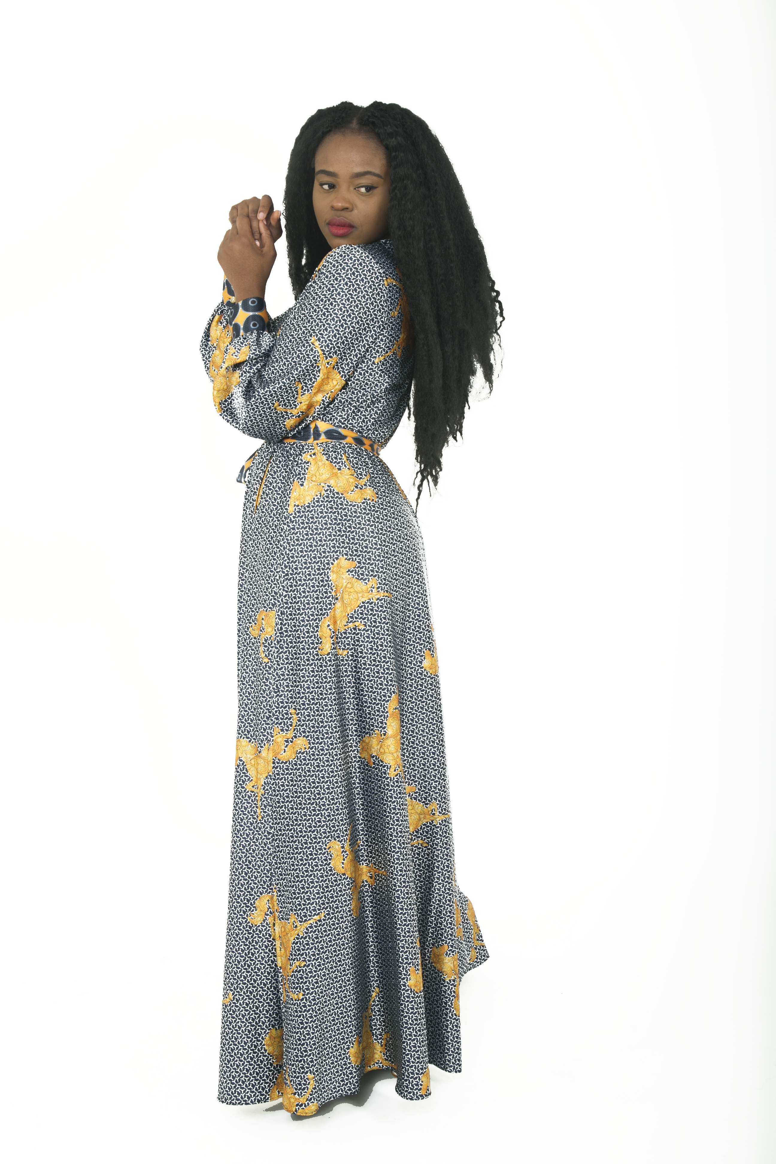 TemAD african print ankara maxi wrap dress with a silt fully lined long sleeves