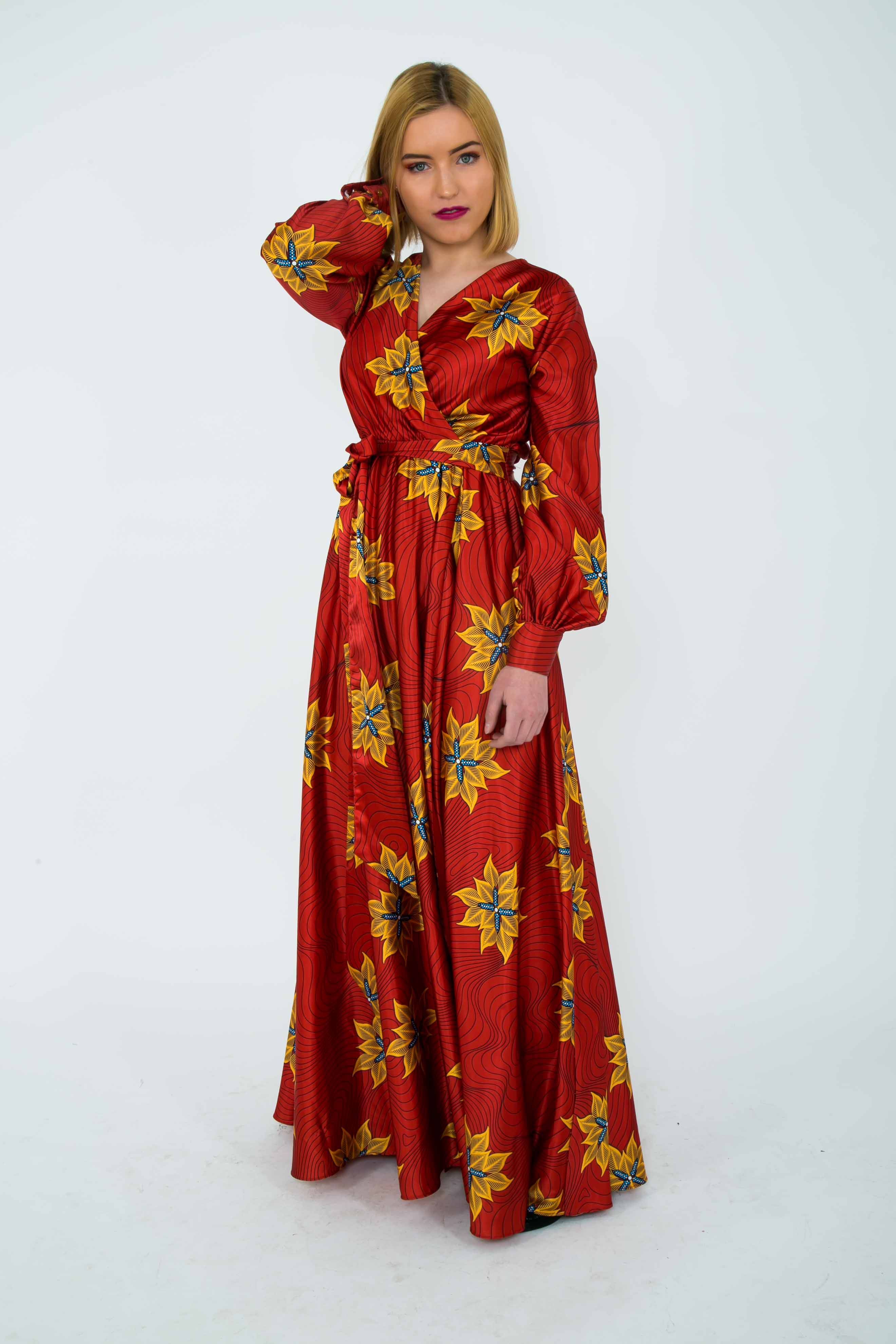 TemAD african print ankara maxi wrap  dress with a silt fully lined long sleeves