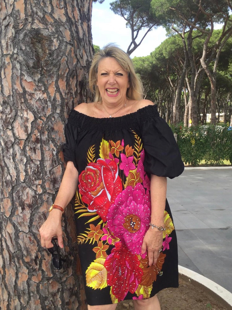 TemAD collections Bardot african print mini dress with Swarovski crystals