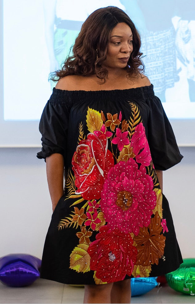 TemAD collections Bardot african print mini dress with Swarovski crystals