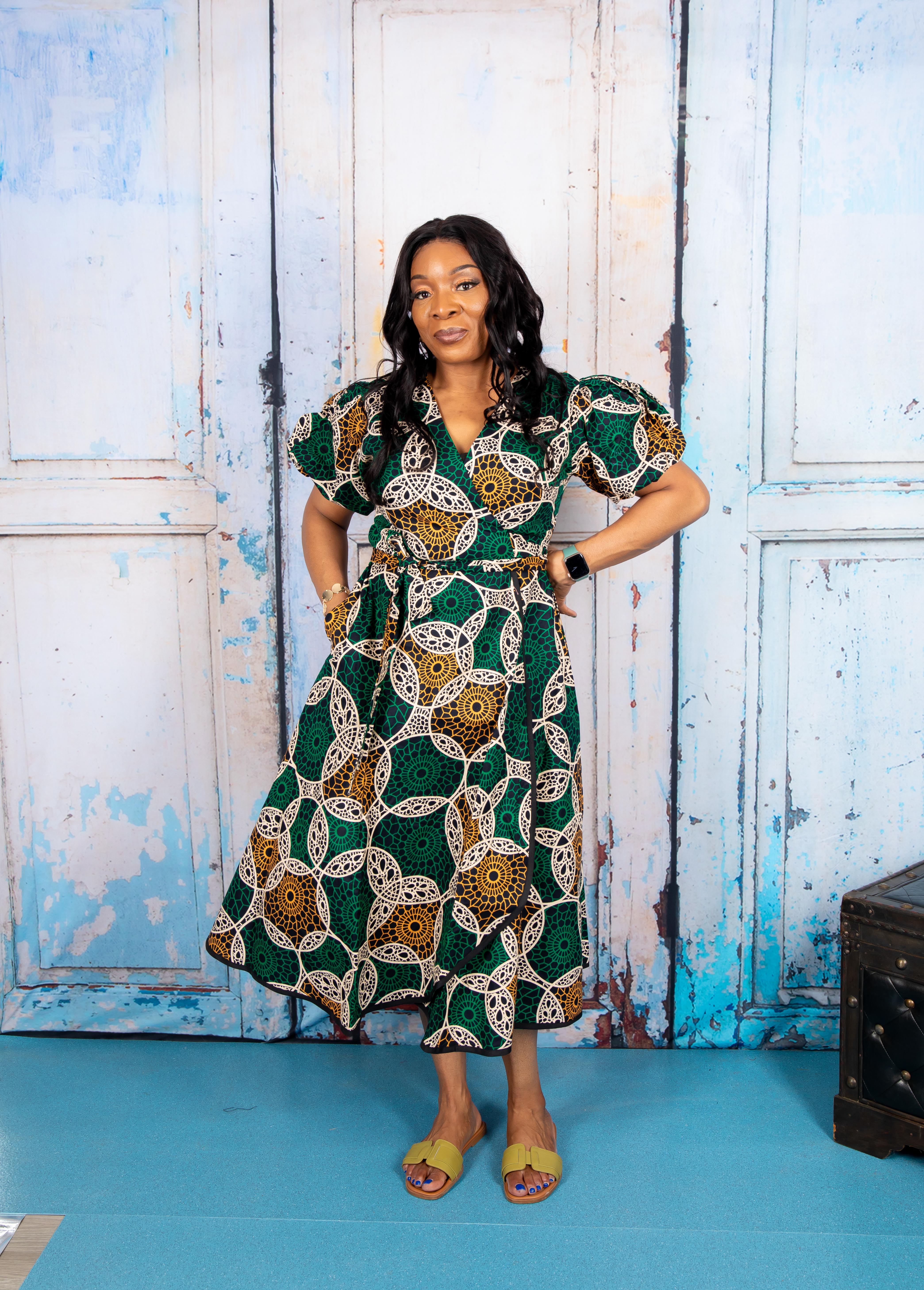 temad collections wrap dress, green wrap dress, african print wrap dress, green ankara wrap dress, african print midi dress, green african print midi dress, african print knee length dress, african print puff sleeves dress, african print wrap midi dress, ankara green wrap dress, ankara midi wrap dress, modern african print dress, stylish wrap dress, 