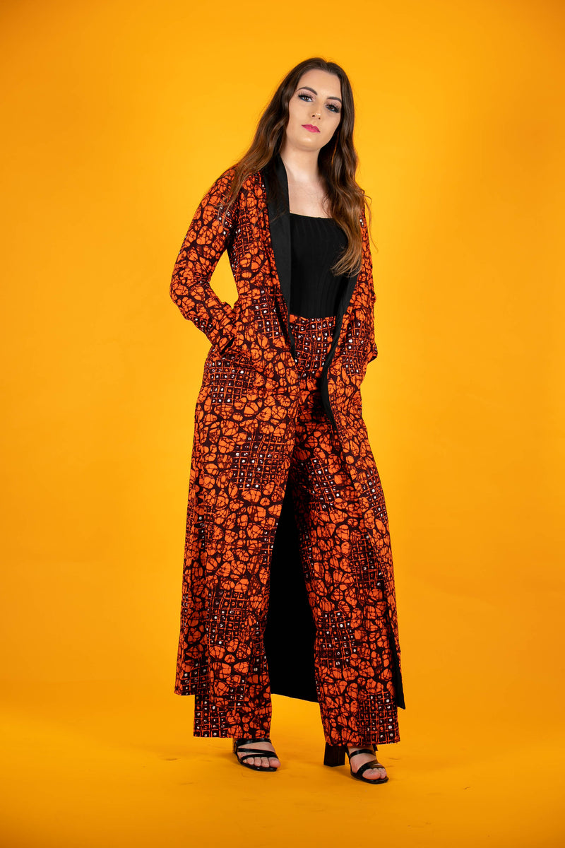 TemAD collections african print ankara imuse orange black jacket with wide leg palazzo trousers