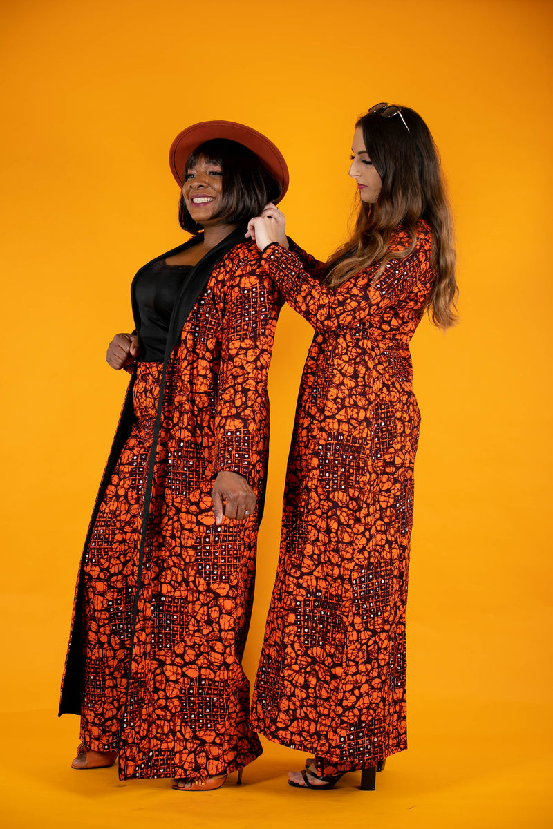 TemAD collections african print ankara imuse orange black jacket with wide leg palazzo trousers