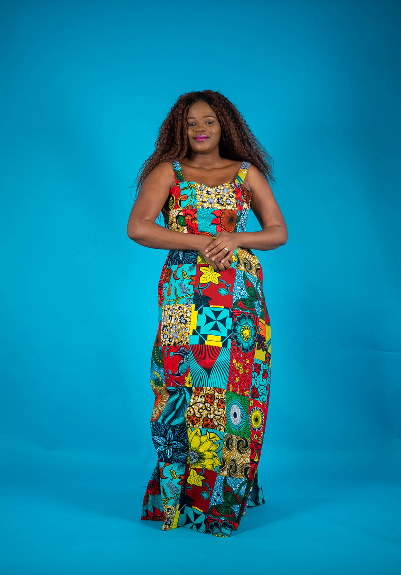 temad collections african print ankara patches spaghetti straps maxi a line dress