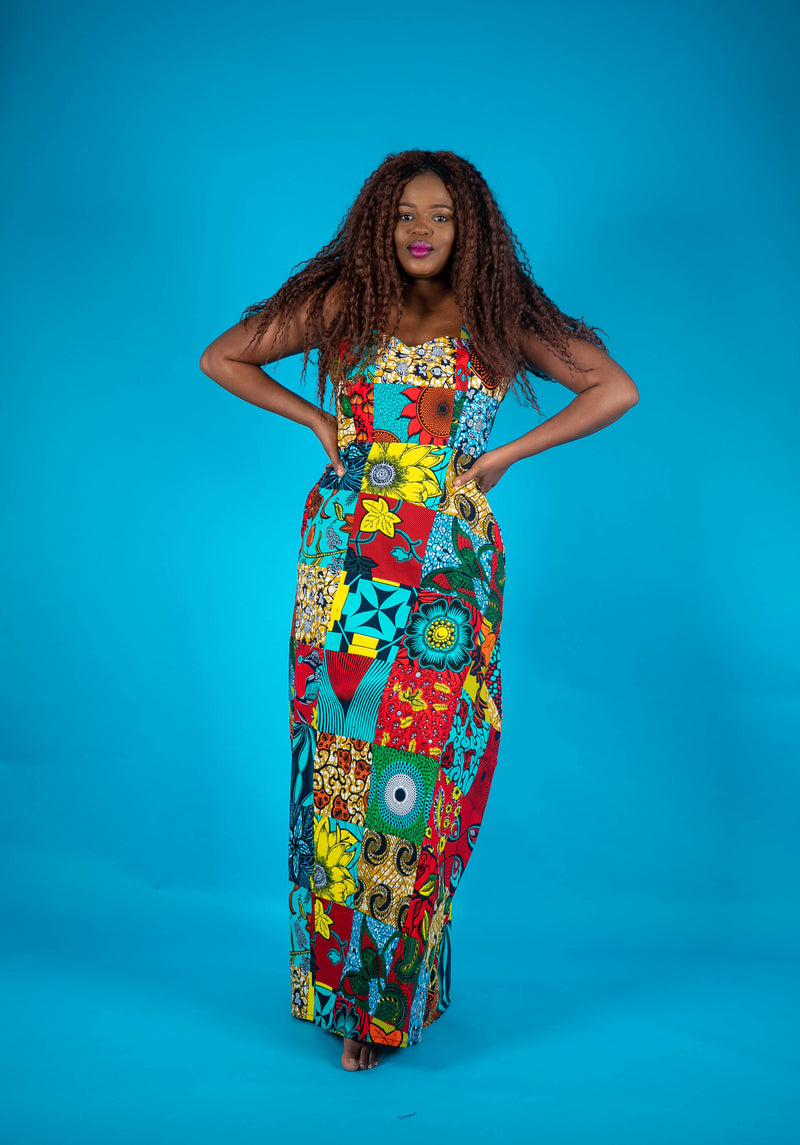 temad collections african print ankara patches spaghetti straps maxi a line dress