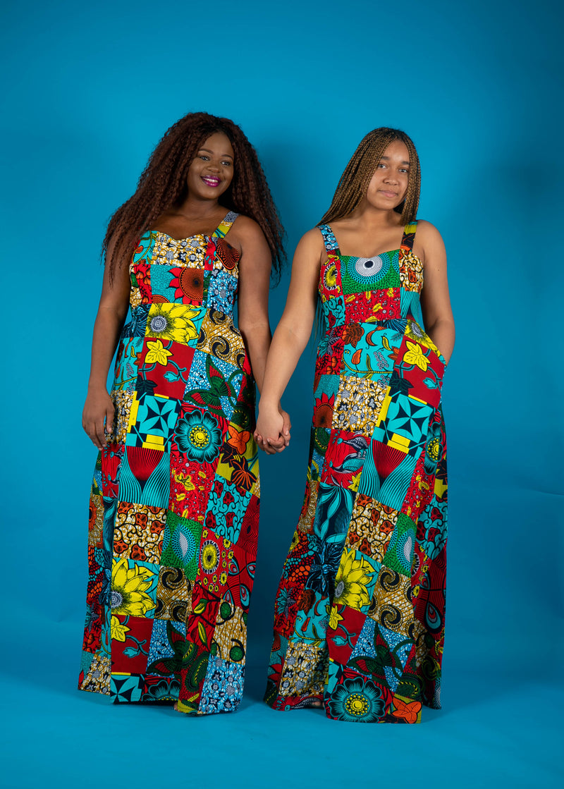 temad collections african print ankara patches spaghetti straps maxi a line dress