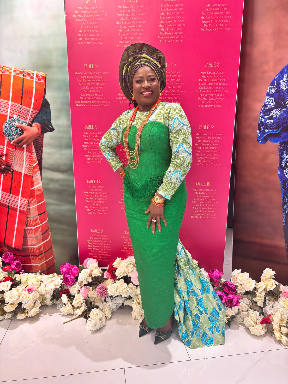 temad woman in bespoke green aso oke / lace combo