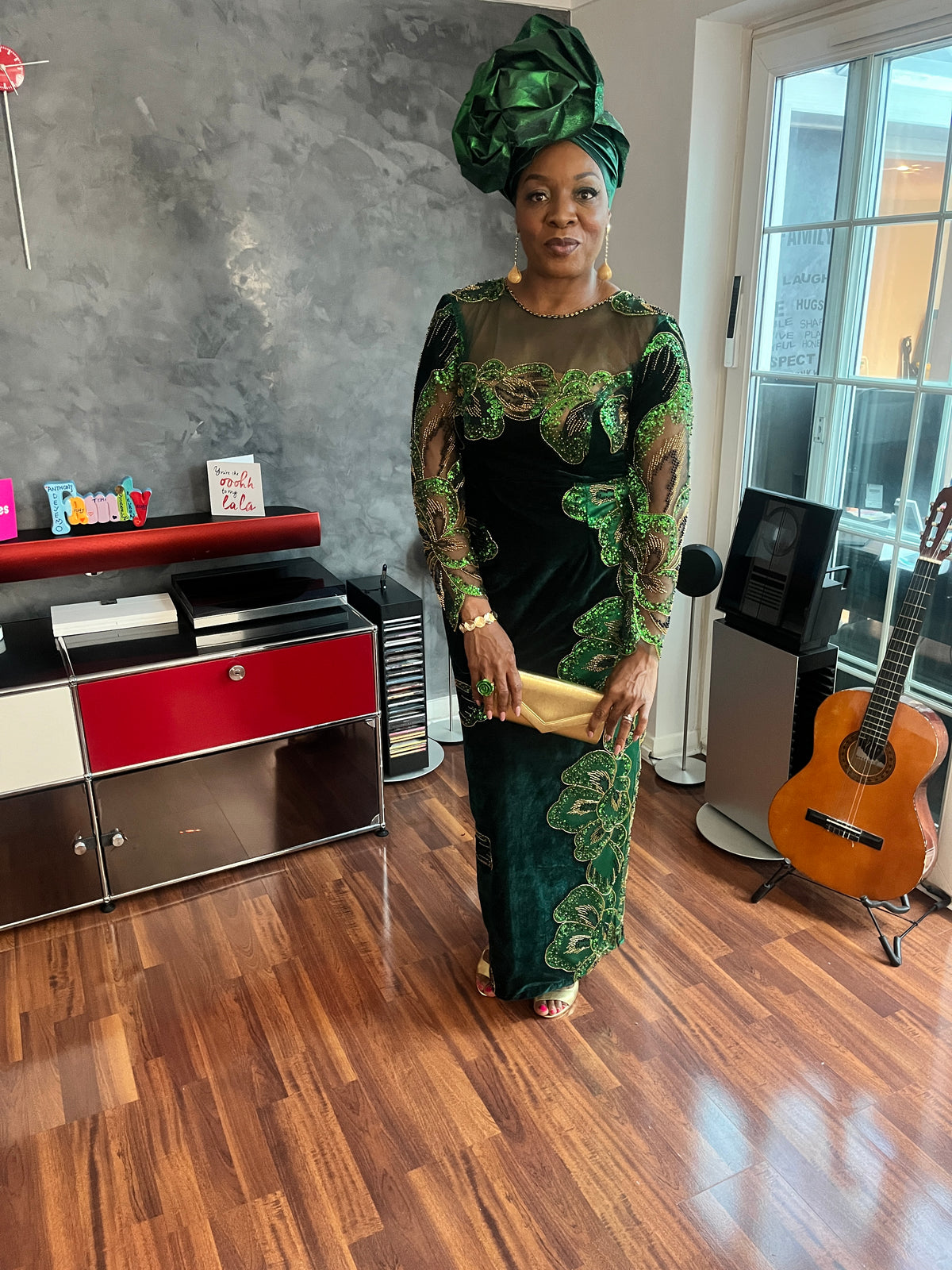 temad woman in bespoke green velvet /lace dress