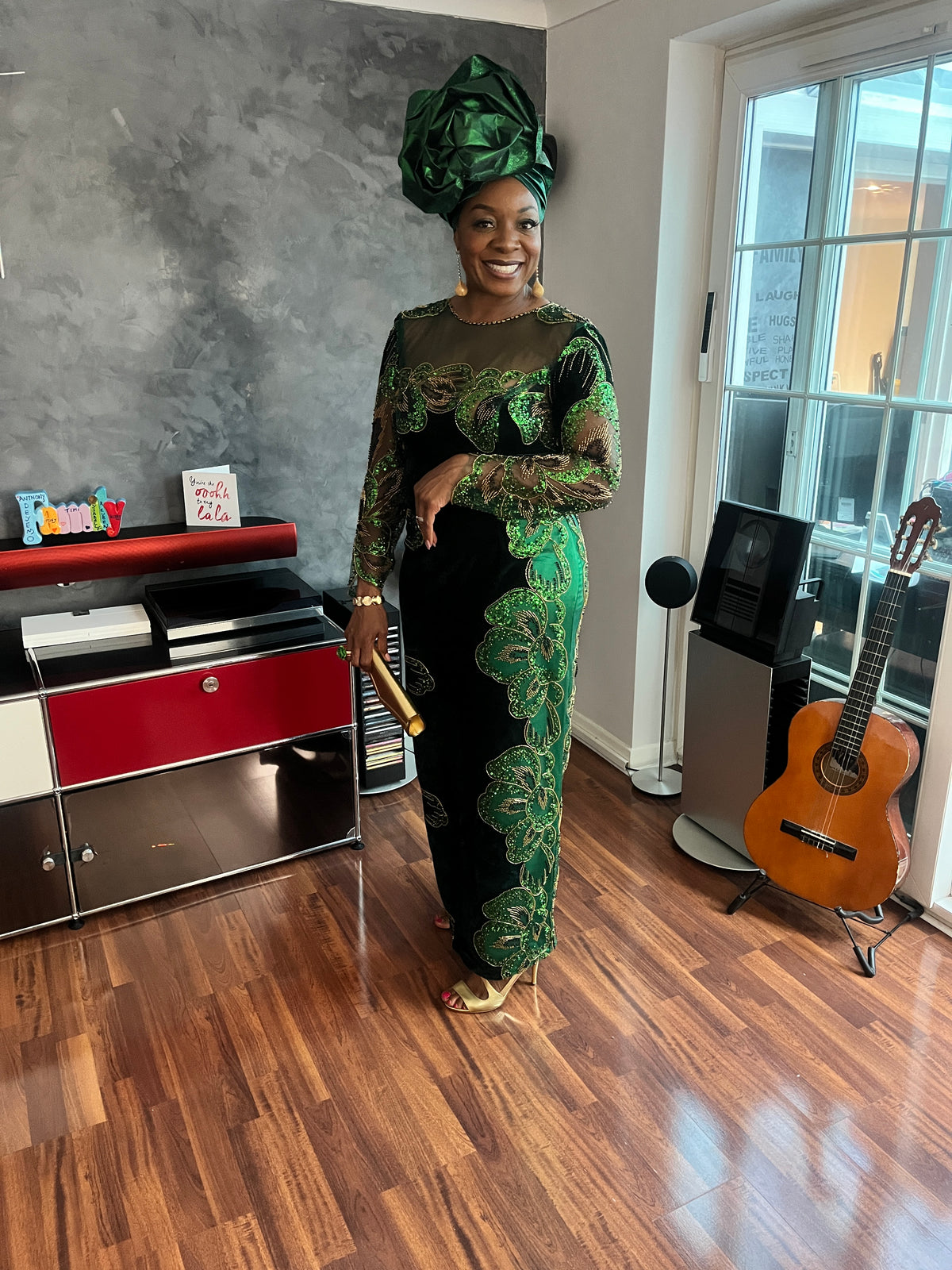temad woman in bespoke green velvet / lace dress