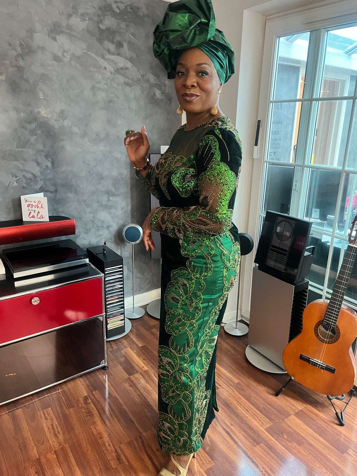 temad woman in bespoke green velvet / lace dress