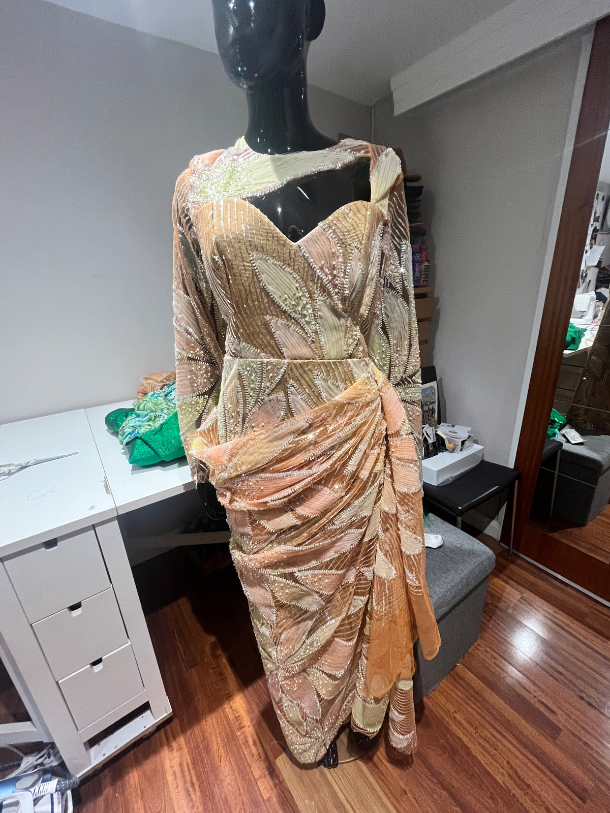 temad woman in bespoke peach sequin lace dress