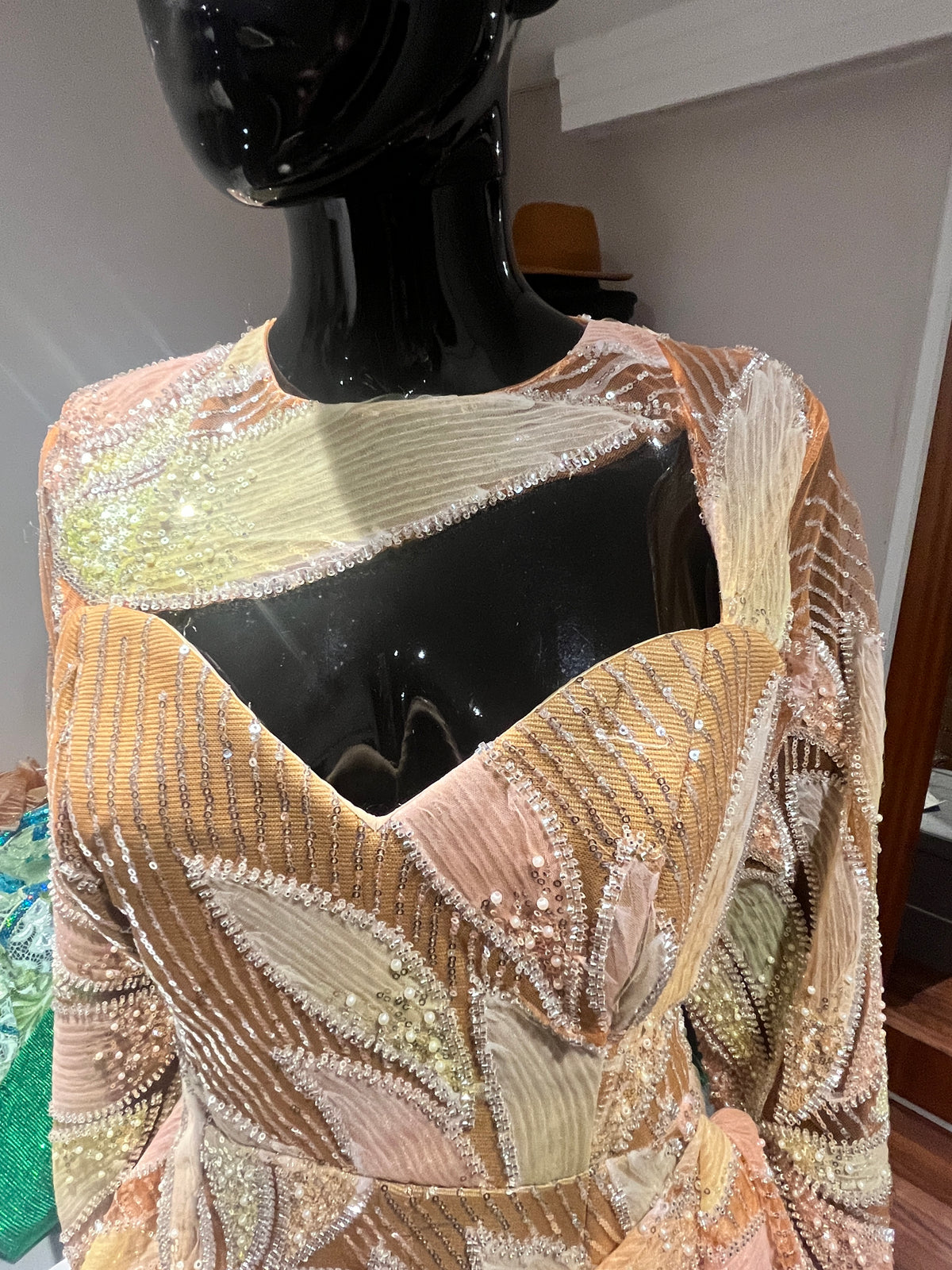 temad woman in bespoke peach sequin lace dress