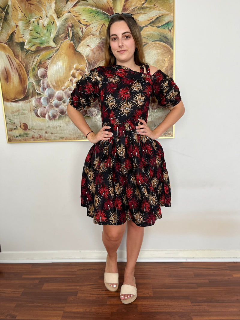 Temad collections african print ankara one shoulder puff sleeves midi dress