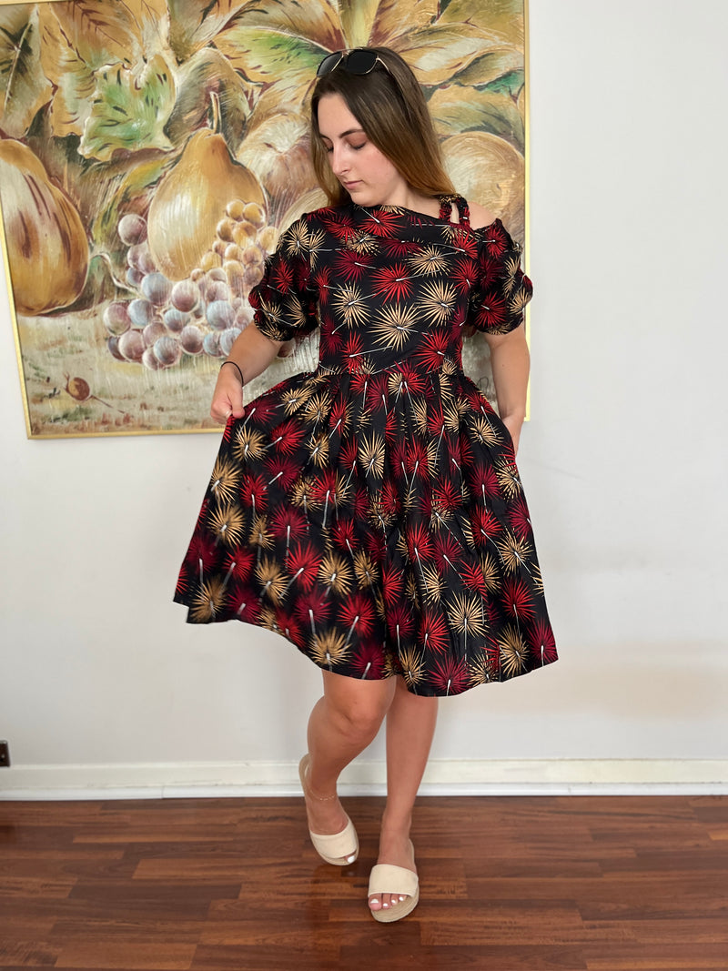 Temad collections african print ankara one shoulder puff sleeves midi dress