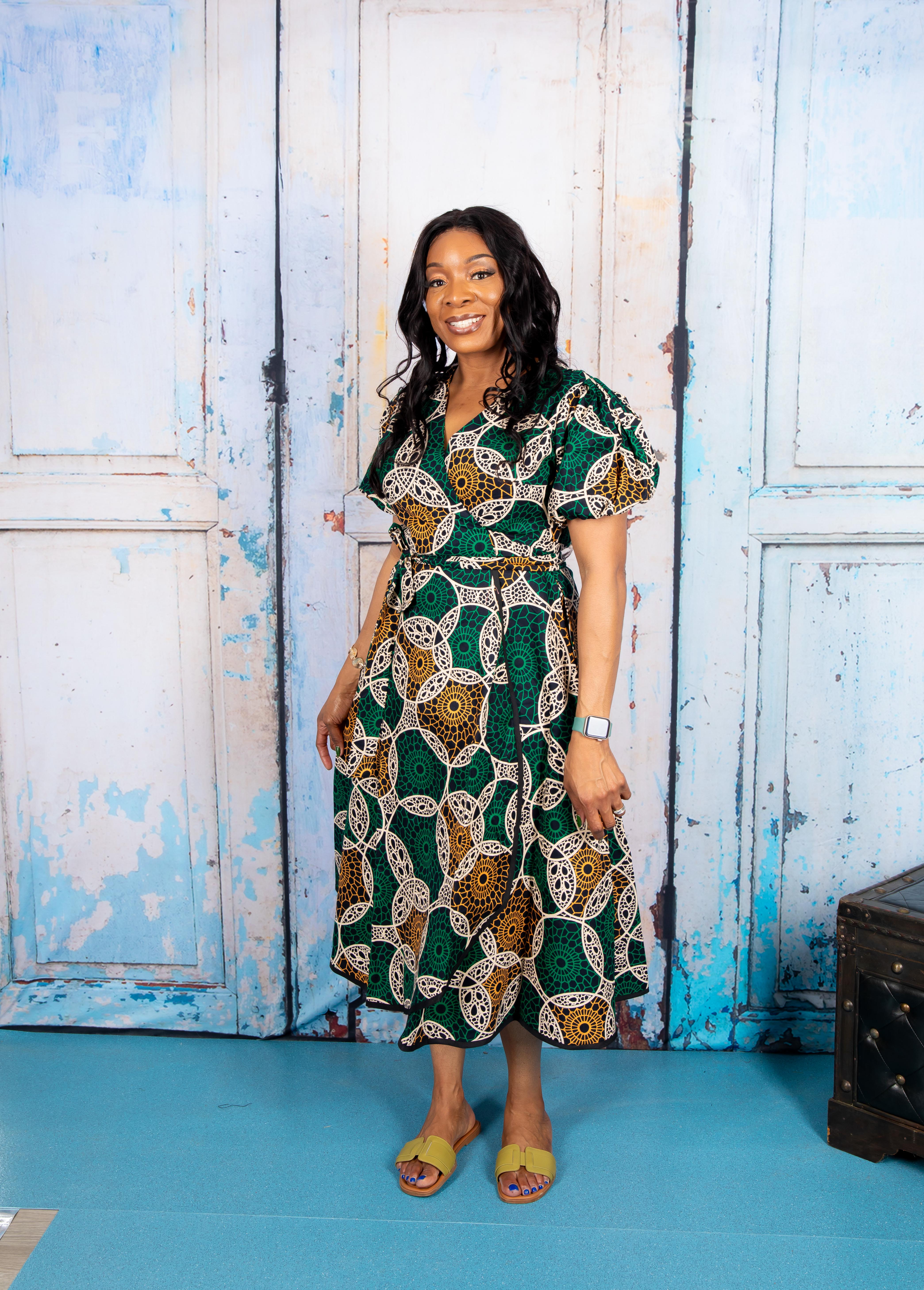 temad collections wrap dress, green wrap dress, african print wrap dress, green ankara wrap dress, african print midi dress, green african print midi dress, african print knee length dress, african print puff sleeves dress, african print wrap midi dress, ankara green wrap dress, ankara midi wrap dress, modern african print dress, stylish wrap dress, 