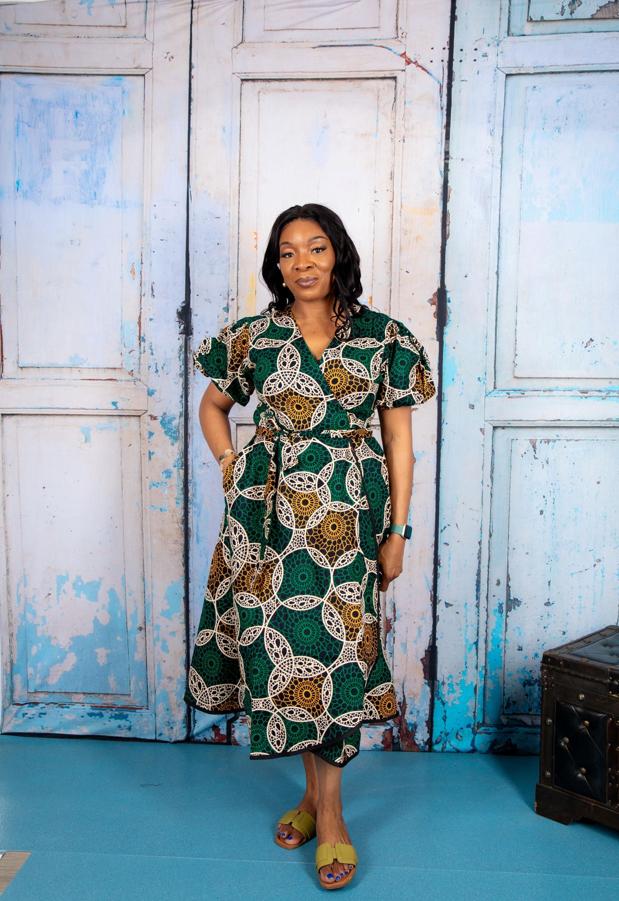 temad collections wrap dress, green wrap dress, african print wrap dress, green ankara wrap dress, african print midi dress, green african print midi dress, african print knee length dress, african print puff sleeves dress, african print wrap midi dress, ankara green wrap dress, ankara midi wrap dress, modern african print dress, stylish wrap dress, 