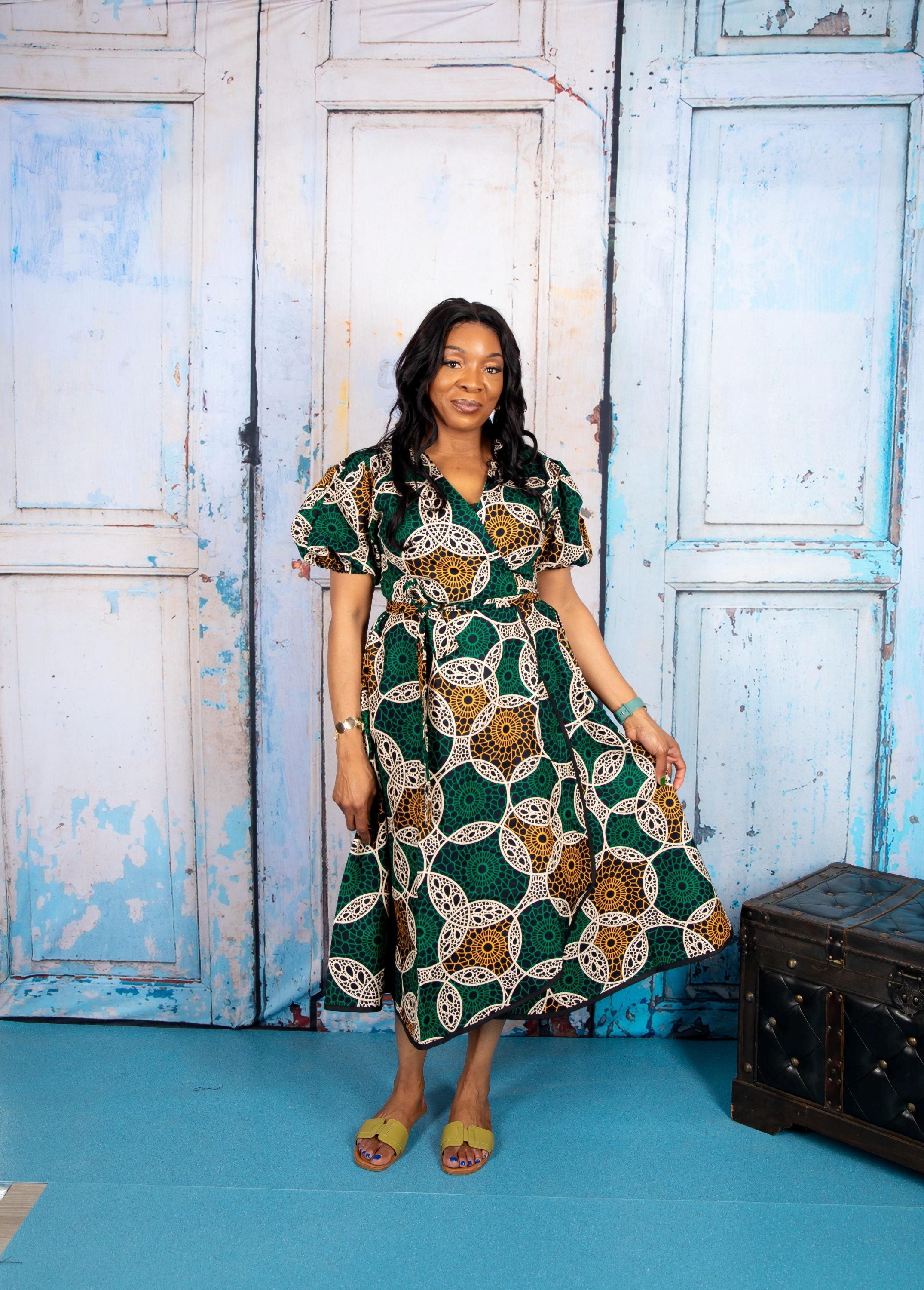 temad collections wrap dress, green wrap dress, african print wrap dress, green ankara wrap dress, african print midi dress, green african print midi dress, african print knee length dress, african print puff sleeves dress, african print wrap midi dress, ankara green wrap dress, ankara midi wrap dress, modern african print dress, stylish wrap dress, 