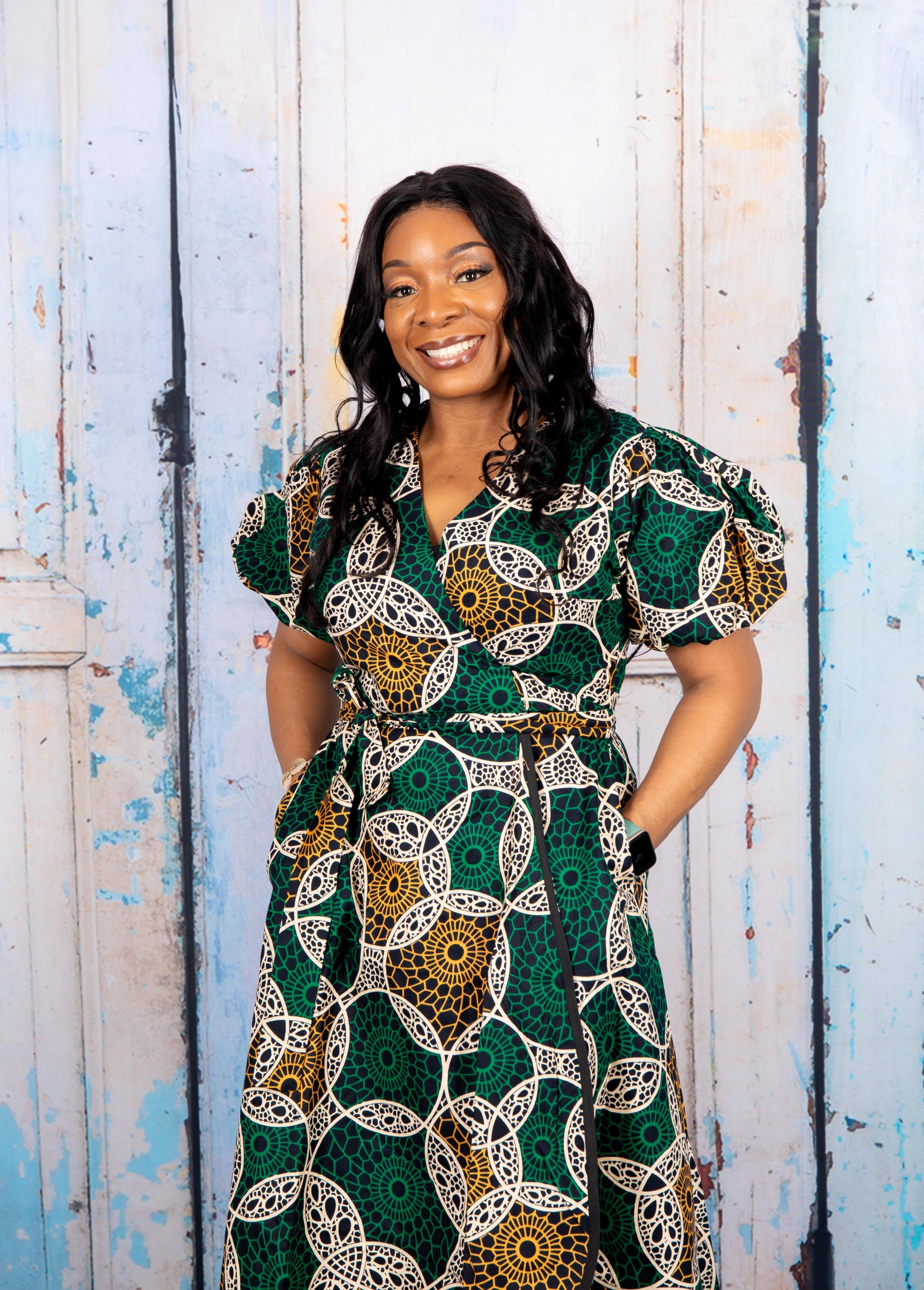 temad collections wrap dress, green wrap dress, african print wrap dress, green ankara wrap dress, african print midi dress, green african print midi dress, african print knee length dress, african print puff sleeves dress, african print wrap midi dress, ankara green wrap dress, ankara midi wrap dress, modern african print dress, stylish wrap dress, 
