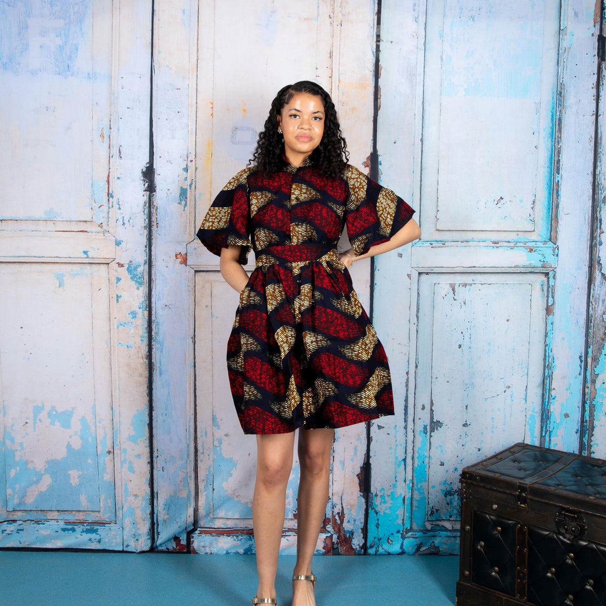 OLA African Print Midi Shirt Dress- Red