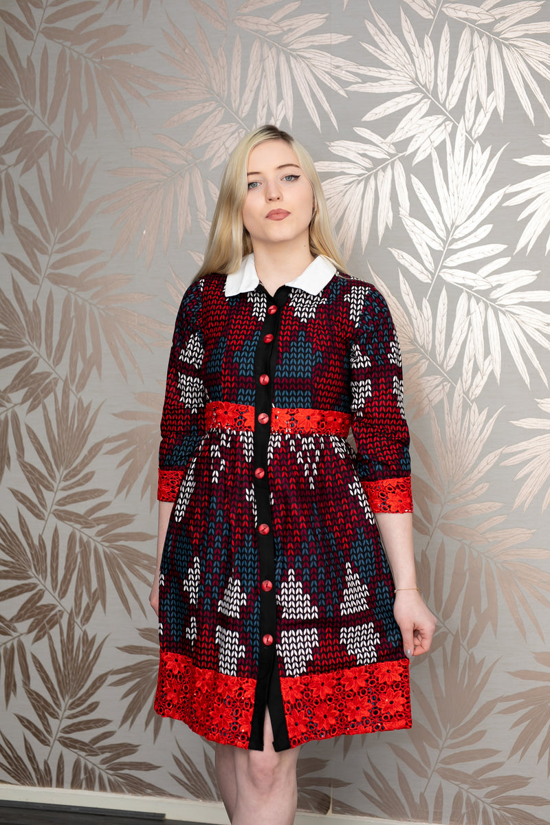 temad african print ankara shirt dress with white collar and lace embellishment 