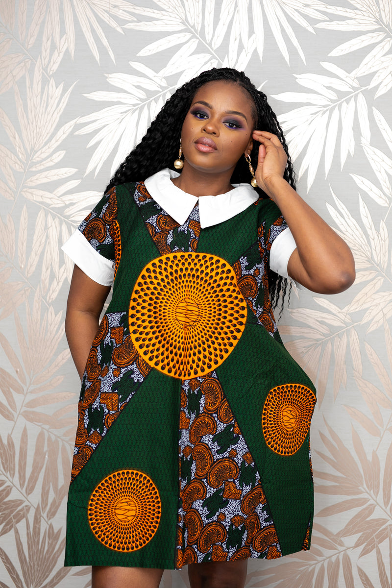 temad african print green ankara white collar mini dress with pockets