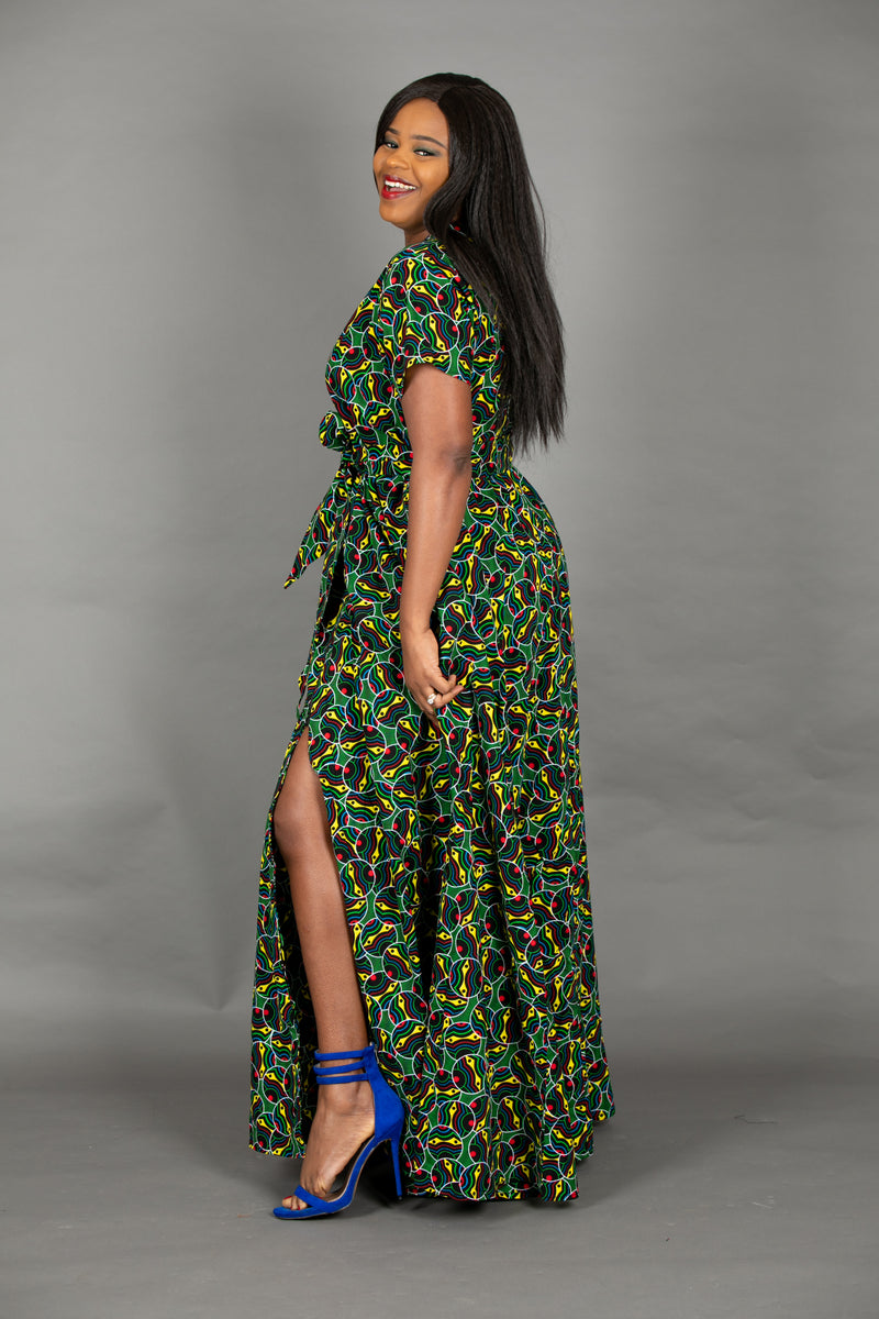 temad collections liquorice maxi front zipper belted african print ankara maxi dress 
