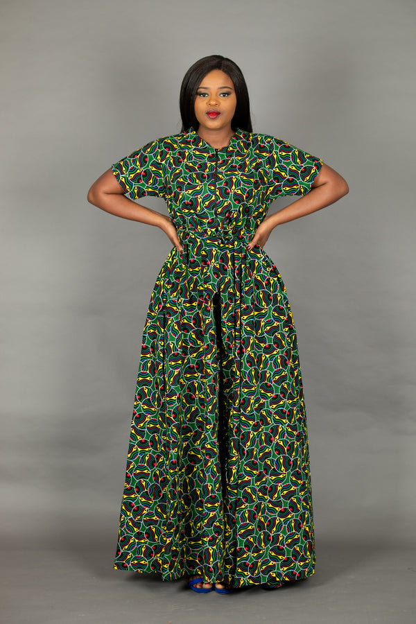 temad collections liquorice maxi front zipper belted african print ankara maxi dress 