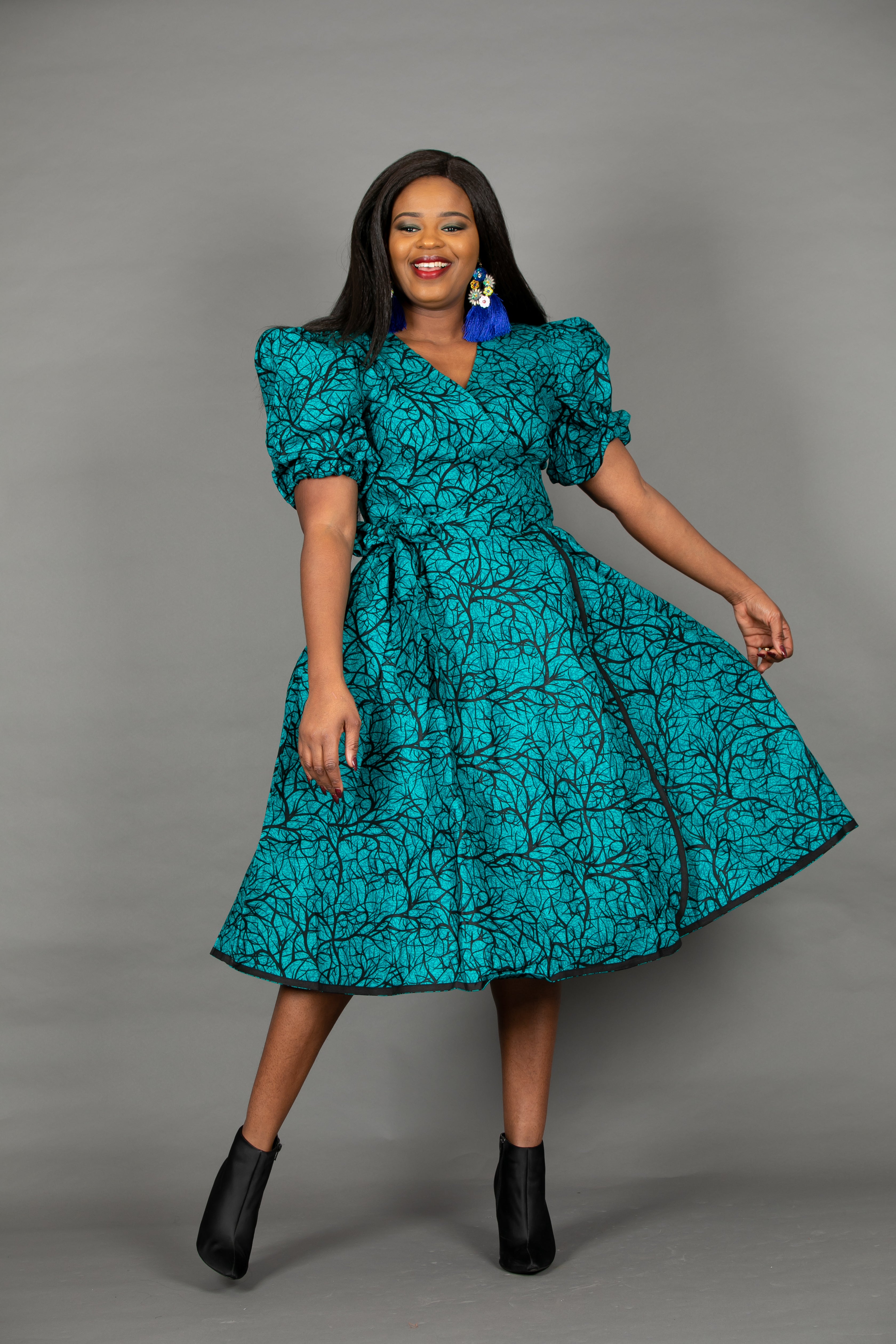 Temad collections Ankara african print midi wrap dress puff sleeves green